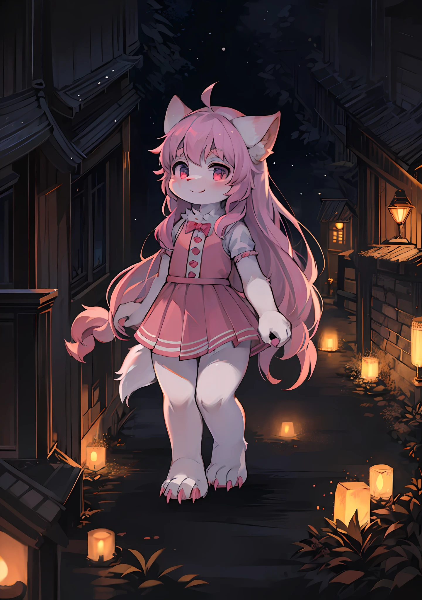 Furry little girl，Fluffy tail，Emphasis on white fur，Delicate fur，Cute toddler，Short pink skirt，Young，Petite and cute emphasis，Walking posture，Detailed characters，A smile on his face（1.2），Protruding claws，Pink meat pad，Enhance long-haired animals（1.2），the night，borgar（1.1）。