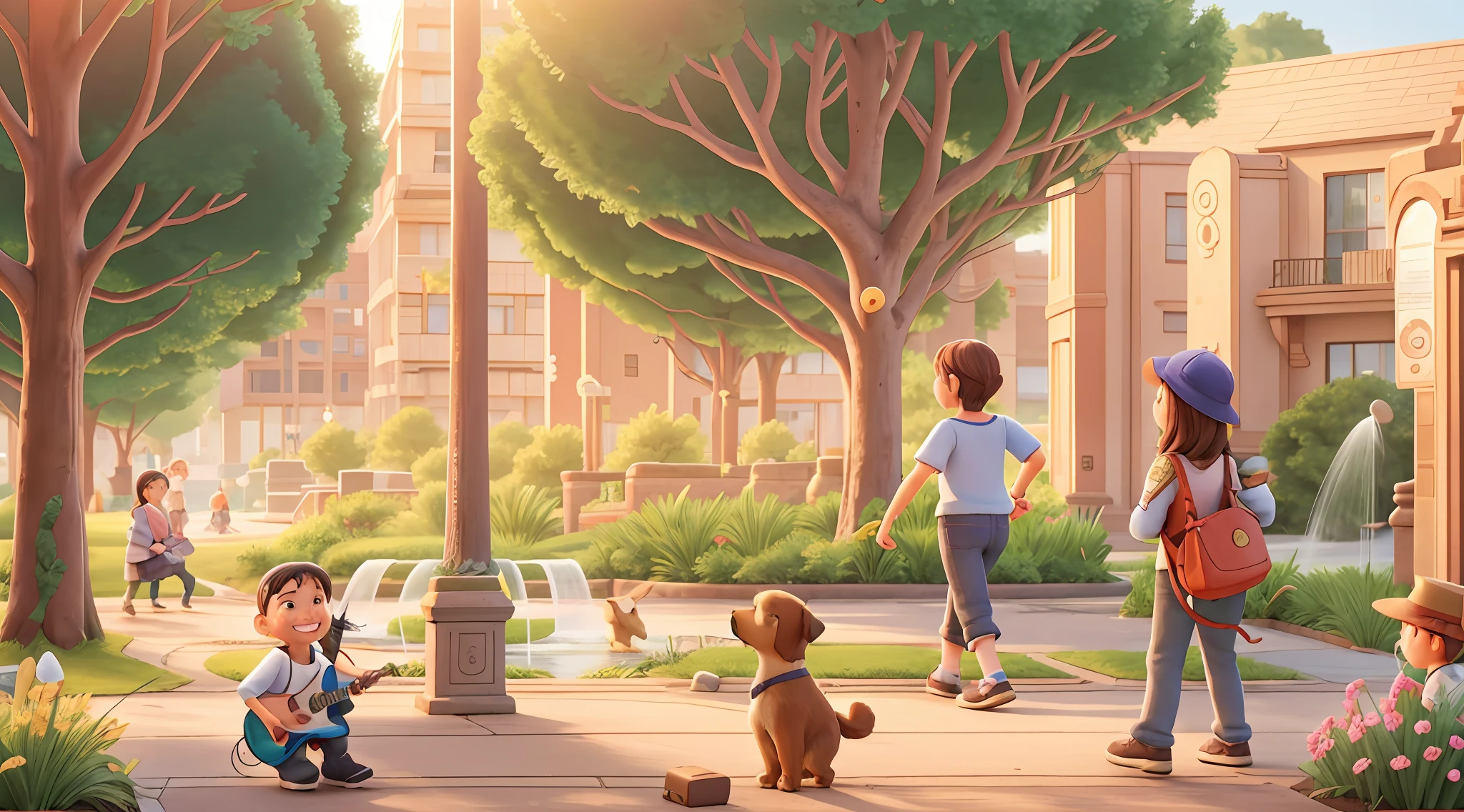 detailed game art illustration，in the afternoon，Sunlight falls on the ground through the gaps between the trees。There is a musical fountain park around the corner，There is a young girl in casual clothes in the park，Girl playing guitar，There was a dog listening to the girl sing bullets，[The fountain glows in the sun]，[Some pedestrians stopped，Hip hop dancing  boy，Some pedestrians stopped，There are middle-aged people laughing and laughing with friends]，[[A family of three taking photos in the distance]]，[[High-rise residential]]]
