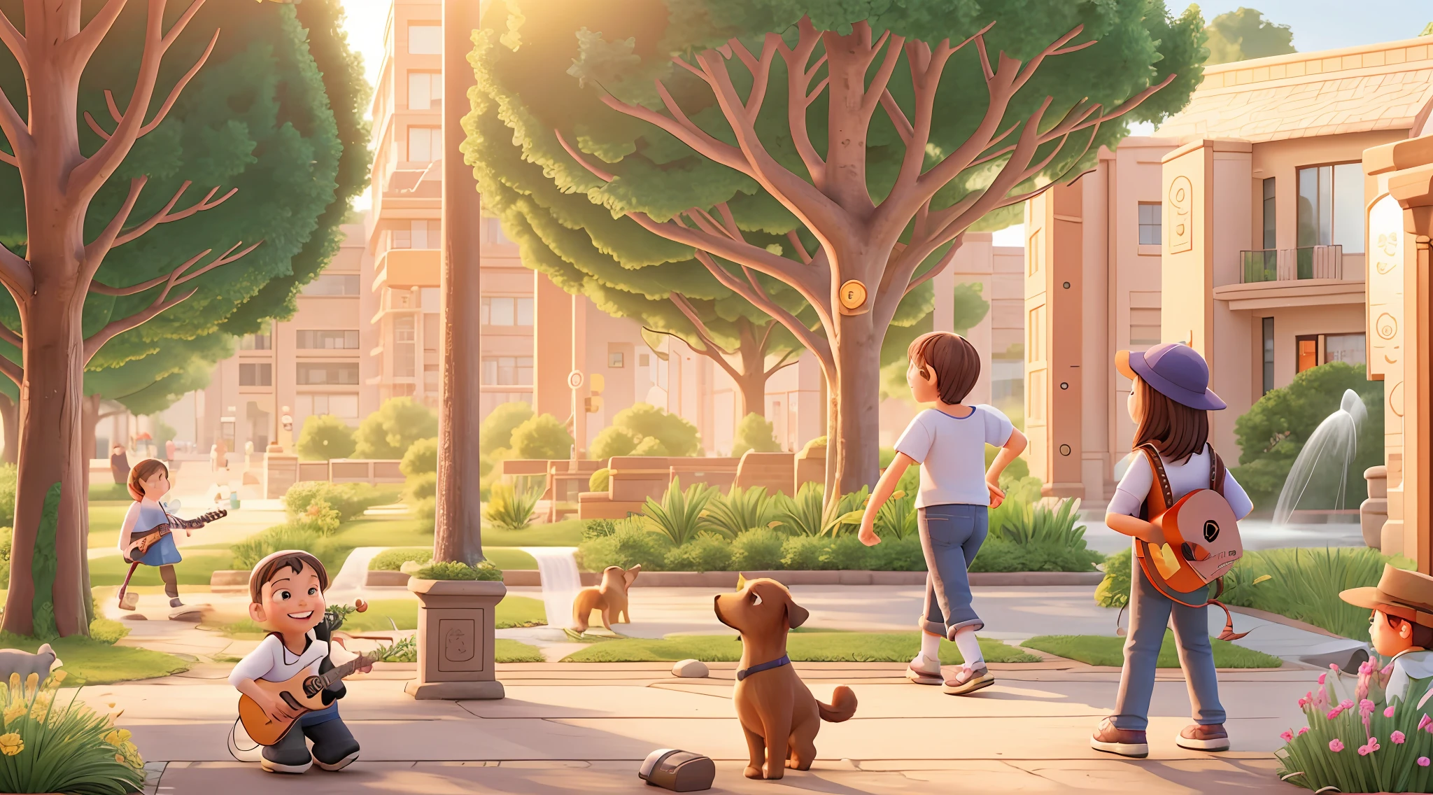 detailed game art illustration，in the afternoon，Sunlight falls on the ground through the gaps between the trees。There is a musical fountain park around the corner，There is a young girl in casual clothes in the park，Girl playing guitar，There was a dog listening to the girl sing bullets，[The fountain glows in the sun]，[Some pedestrians stopped，Hip hop dancing ，Some pedestrians stopped，There are middle-aged people laughing and laughing with friends]，[[A family of three taking photos in the distance]]，[[High-rise residential]]]