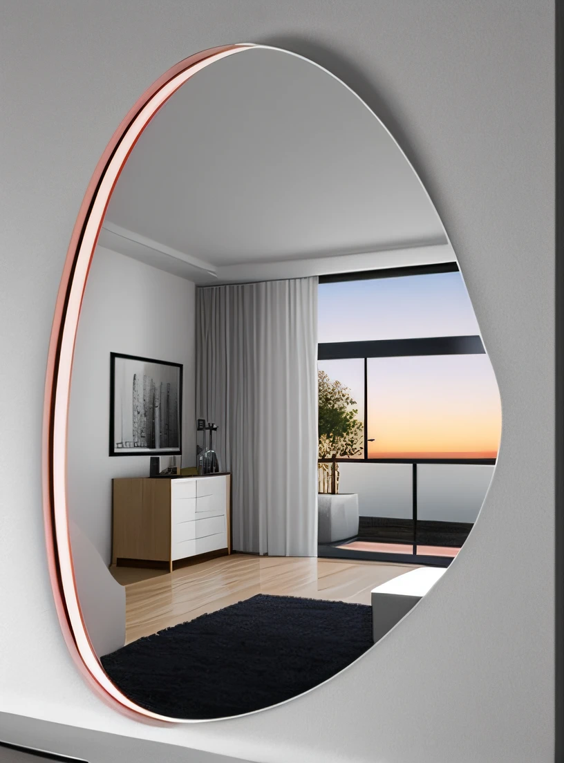 There is a mirror with rose color frame  , mirror and glass surfaces, espelho redondo na parede, reflexo do espelho, espelhos abstratos, Mirror back view, cheio de luz natural, zenith vision, espelhos de realidade alternativa, olhando para um espelho, espelhamento, refletido em espelho gigante, alternate angle, reflexos do espelho, fundo do espelho, espelhos grandes, vista
