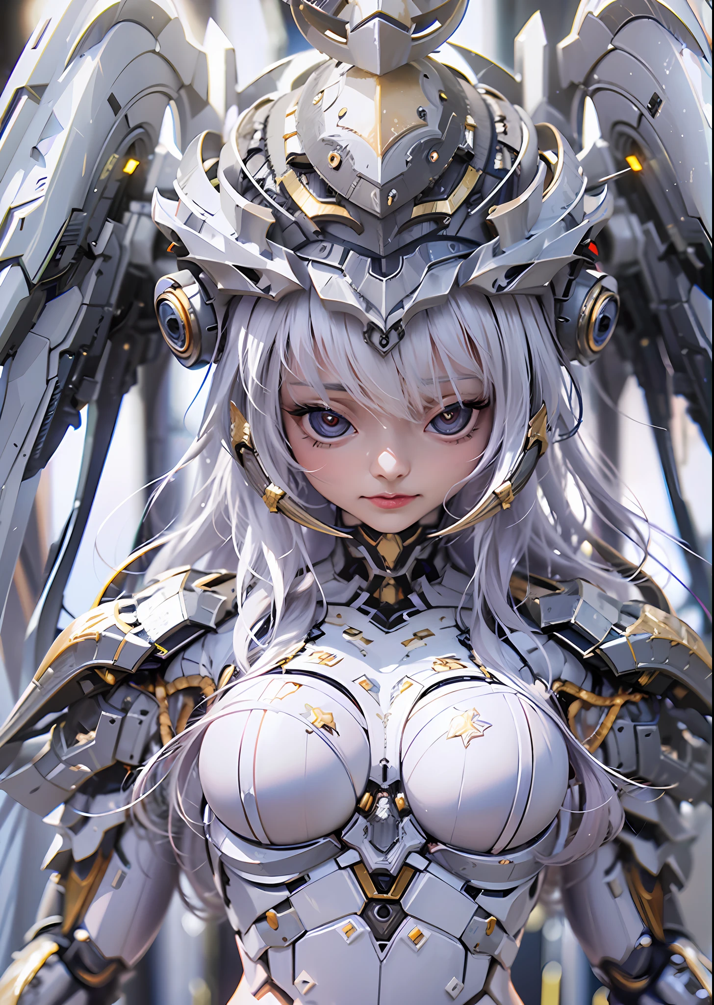 top-quality、​masterpiece、超A high resolution、(Photorealsitic:1.4)、Raw photo、Battle Cyborg Angel、large wings made of metal、White porcelain body、Acrylic Clear Cover、white  hair、glowy skin、1 Cyborg Girl、((super realistic details))、portlate、globalillumination、Shadow、octan render、8K、ultrasharp、character edge light,Colossal tits、Raw skin is exposed in cleavage、Details of complex ornaments、Sumerian details、Hydraulic cylinder、Small LED lamp、highly intricate detail、Realistic light、a purple eye、radiant eyes、Facing the camera、neon details、cowboy  shot、Futuristic headgear、About Cyberpunk、、