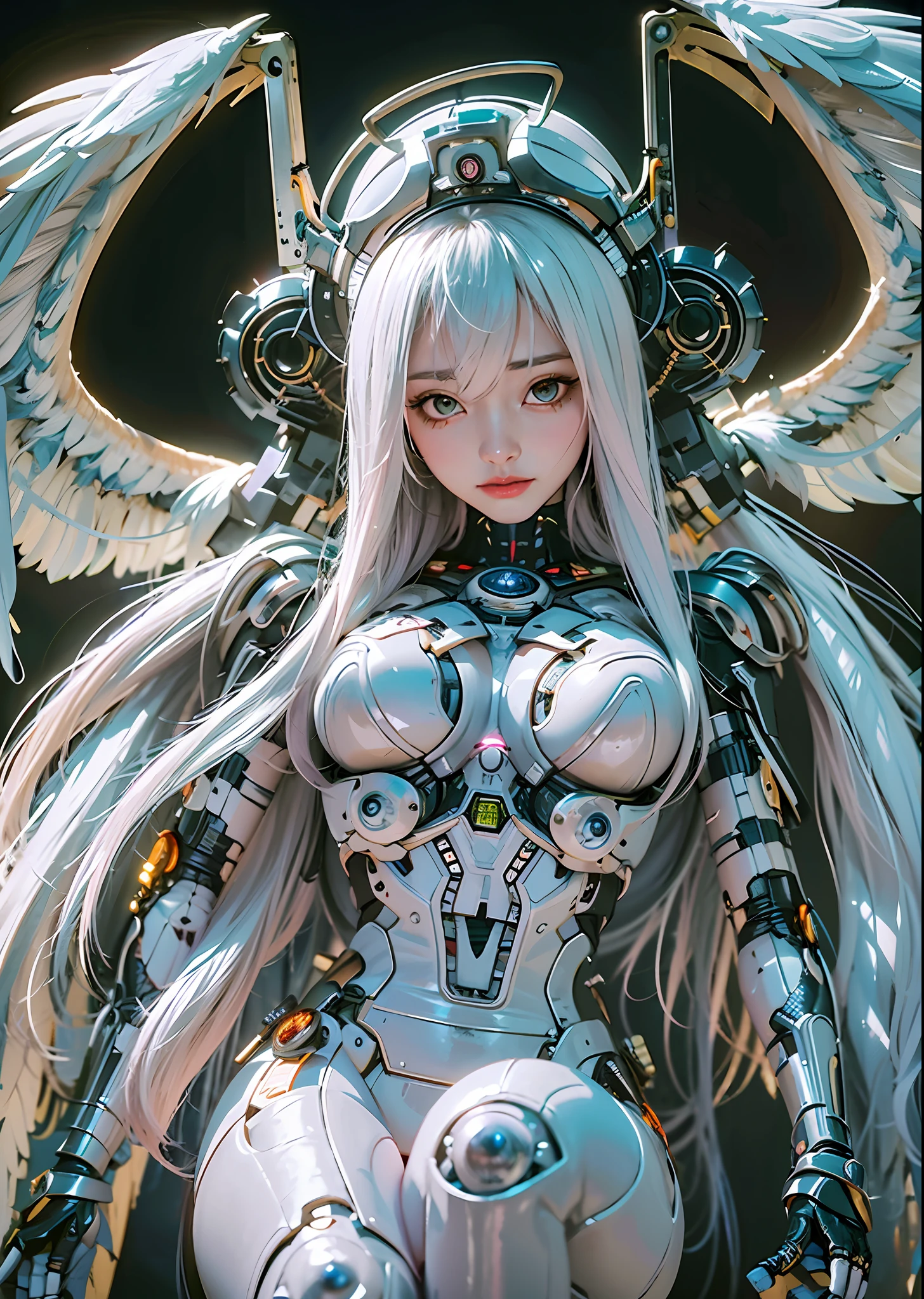 top-quality、masterpiece、超A high resolution、(Photorealsitic:1.4)、Raw photo、Battle Cyborg Angel、large wings made of metal、White porcelain body、Acrylic Clear Cover、white hair、glowy skin、1 Cyborg Girl、((super realistic details))、portlate、globalillumination、Shadow、octan render、8K、ultrasharp、character edge light,Colossal tits、Raw skin is exposed in cleavage、Details of complex ornaments、Sumerian details、Hydraulic cylinder、Small LED lamp、highly intricate detail、Realistic light、a purple eye、radiant eyes、Facing the camera、neon details、cowboy shot、Futuristic headgear、About Cyberpunk、、