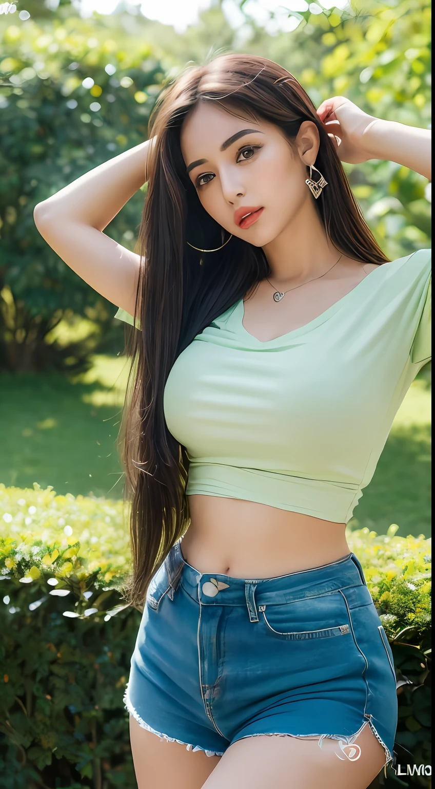 ((Melhor qualidade, 8k, Masterpiece :1.3)), mulher sensual, 1girl, (figura esbelta :1.2), cabelo castanho escuro, (ao ar livre, camisa, shorts :1.1), rosto ultra-detalhado, Detailed Lips, olhos detalhados, Double eyelidm,(seios gigantescos:1.5) (NSFW)