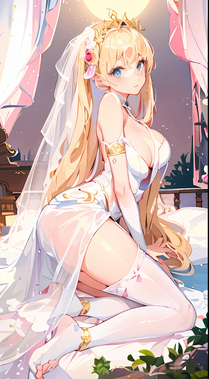 Anime girl in wedding dress sitting on bed，The background is the full moon。, Anime goddess, anime barbie in white stockings, loli in dress, blonde goddess, beautiful and seductive anime woman, Cute anime Huaifu wearing sexy clothes, seductive anime girls, Blonde anime girl with long hair, blond-haired princess, guweiz masterpiece