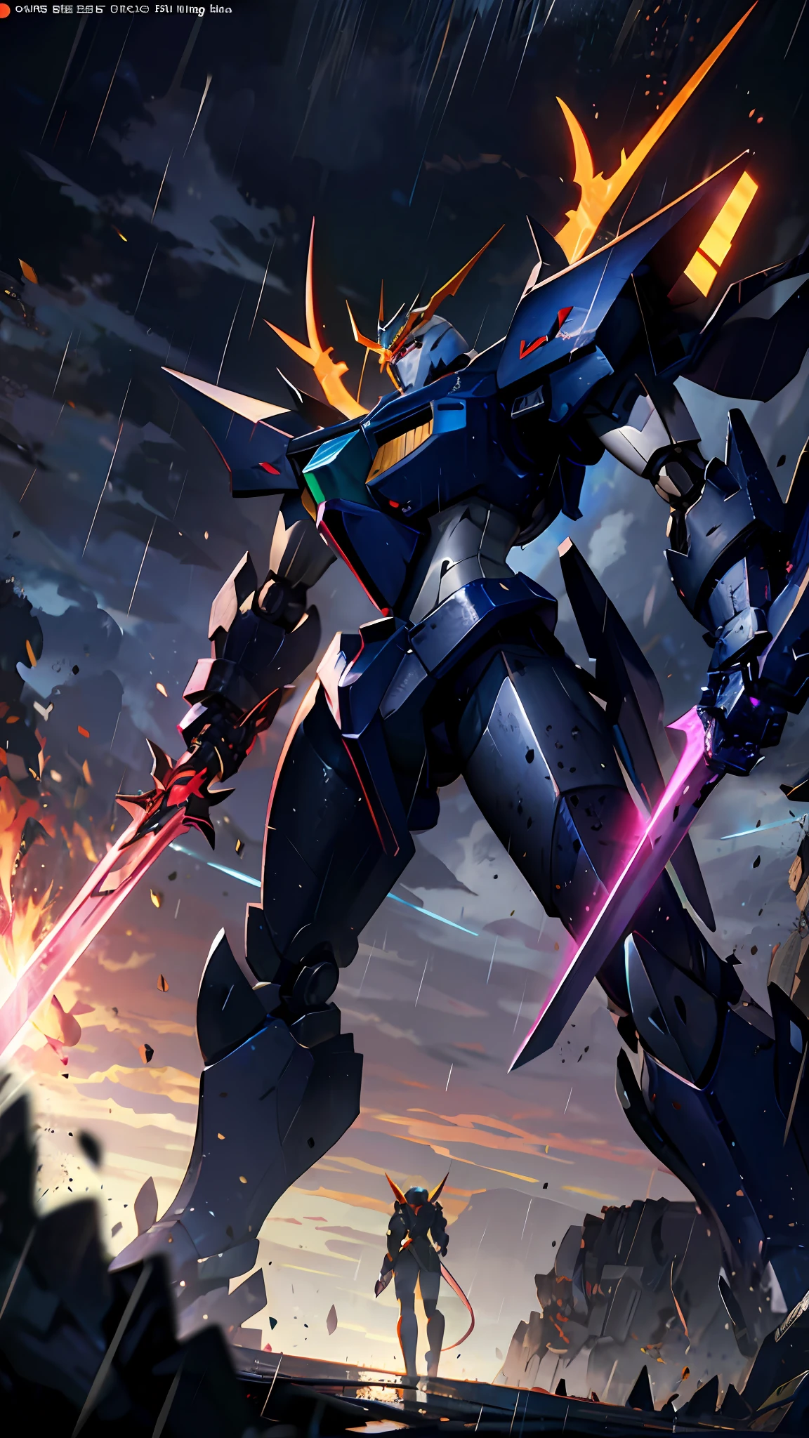 a close up of a robot with a sword in the rain, cool mecha style, mecha art, anime mecha aesthetic, mecha asthetic, armored core style mecha, well armored mech dragon, detailed anime artwork, barbatos mobile suit, detailed anime art, advanced digital anime art, mecha anime, mecha inspired, barbatos gundam