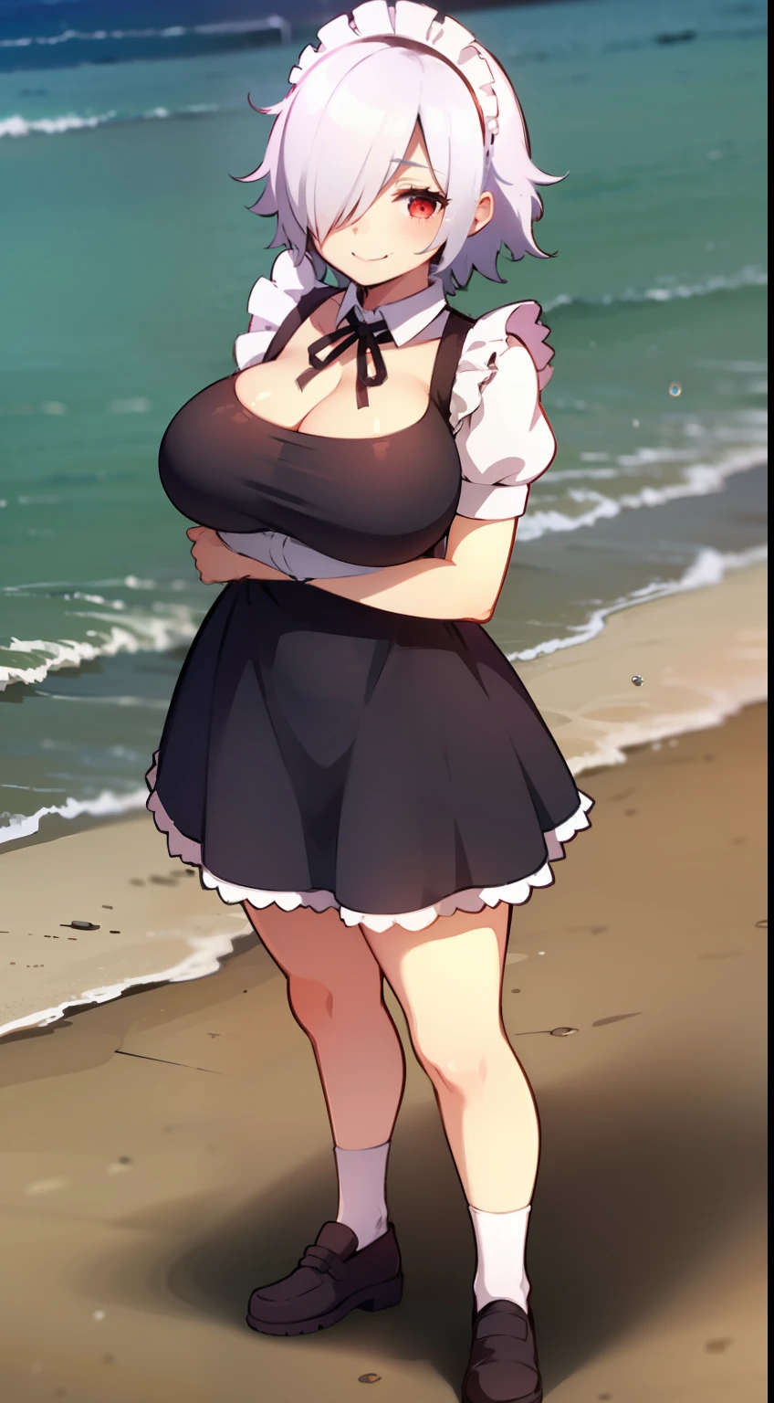 1girl, white hair, red eye, medium messy hair, hair over eye, full body, solo, standing on the beach, smiling, not blurry, huge breasts, thick body, (sexy maid dress)), blushing, rolling eyes