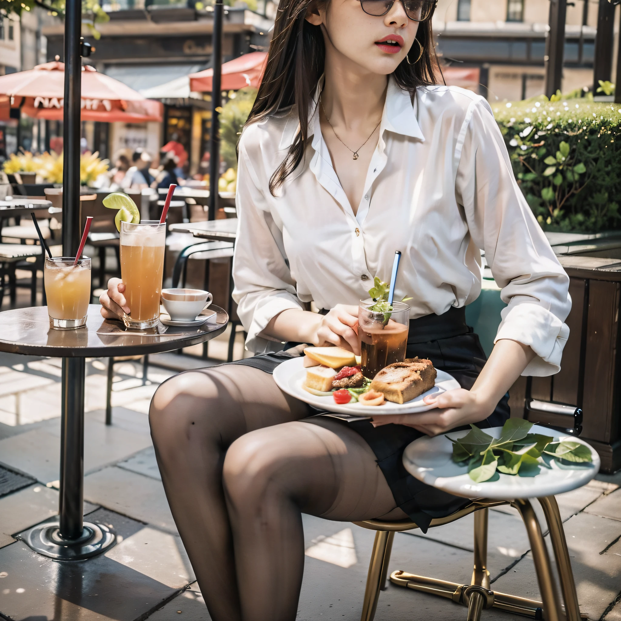 masuter piece、8k、realisitic、An ultra-high picture quality、Lights in the afternoon、Beautiful woman sitting on chair with food and drink plate、crossedlegs、Very beautiful slim legs、Sidewalk Cafe、attractive girl、cute young woman