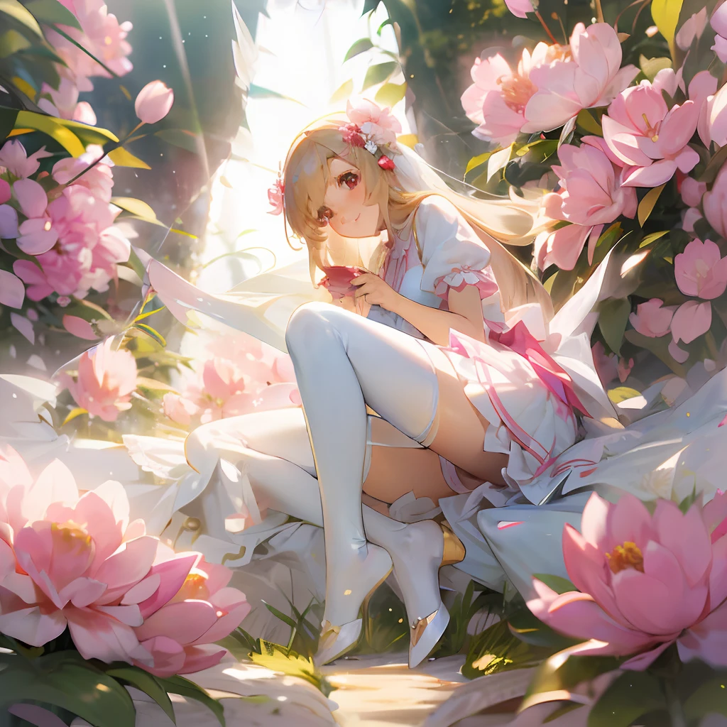 Under the sunlight，Goddess Maiden，softlighting，adolable，Peony flower skirt，white stockings，beautifullegs