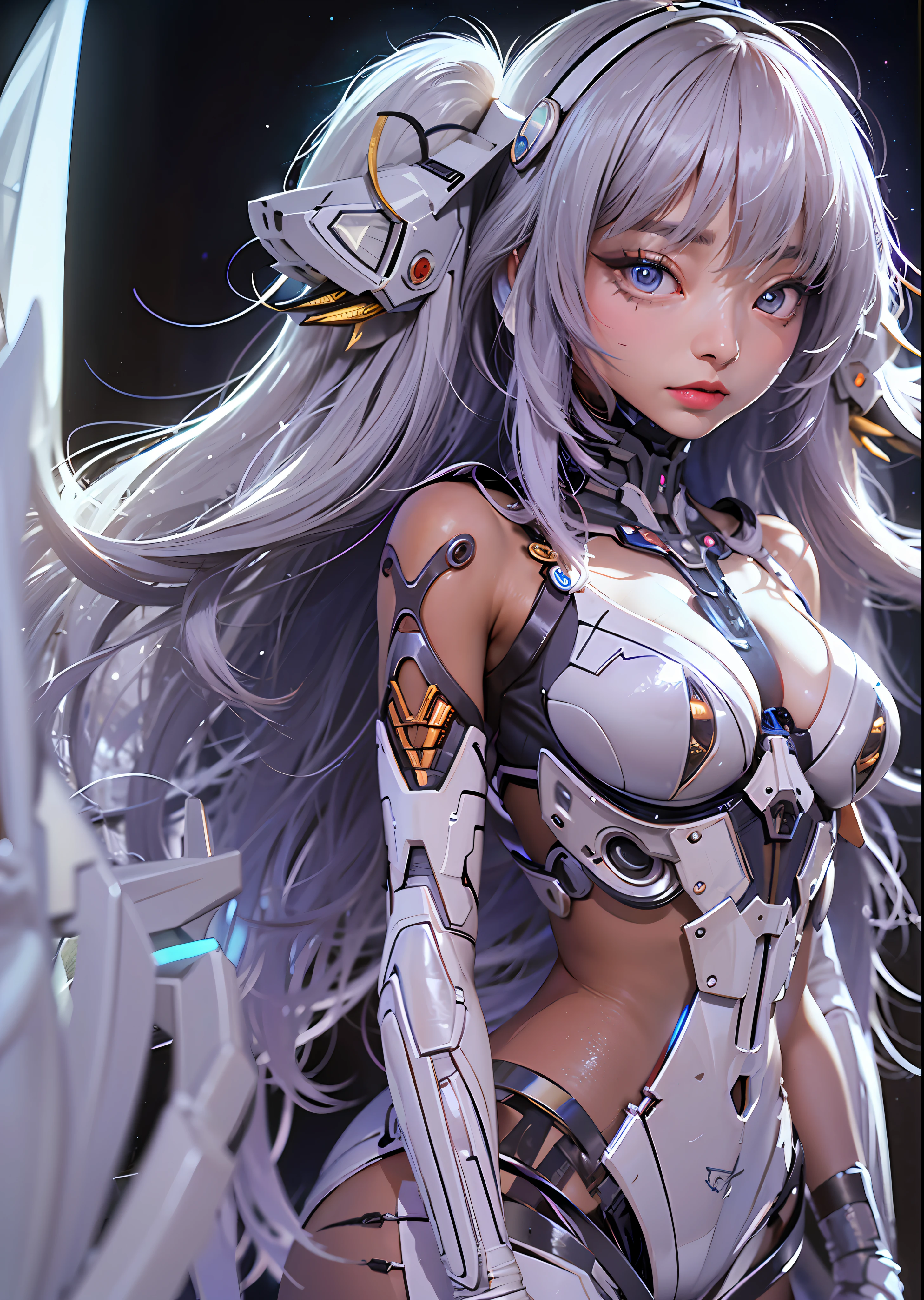 top-quality、​masterpiece、超A high resolution、(Photorealsitic:1.4)、Raw photo、Battle Cyborg Angel、large wings made of metal、White porcelain body、Acrylic Clear Cover、white  hair、glowy skin、1 Cyborg Girl、((super realistic details))、portlate、globalillumination、Shadow、octan render、8K、ultrasharp、character edge light,Colossal tits、Raw skin is exposed in cleavage、Details of complex ornaments、Sumerian details、Hydraulic cylinder、Small LED lamp、highly intricate detail、Realistic light、a purple eye、radiant eyes、Facing the camera、neon details、cowboy  shot、Futuristic headgear、About Cyberpunk、、