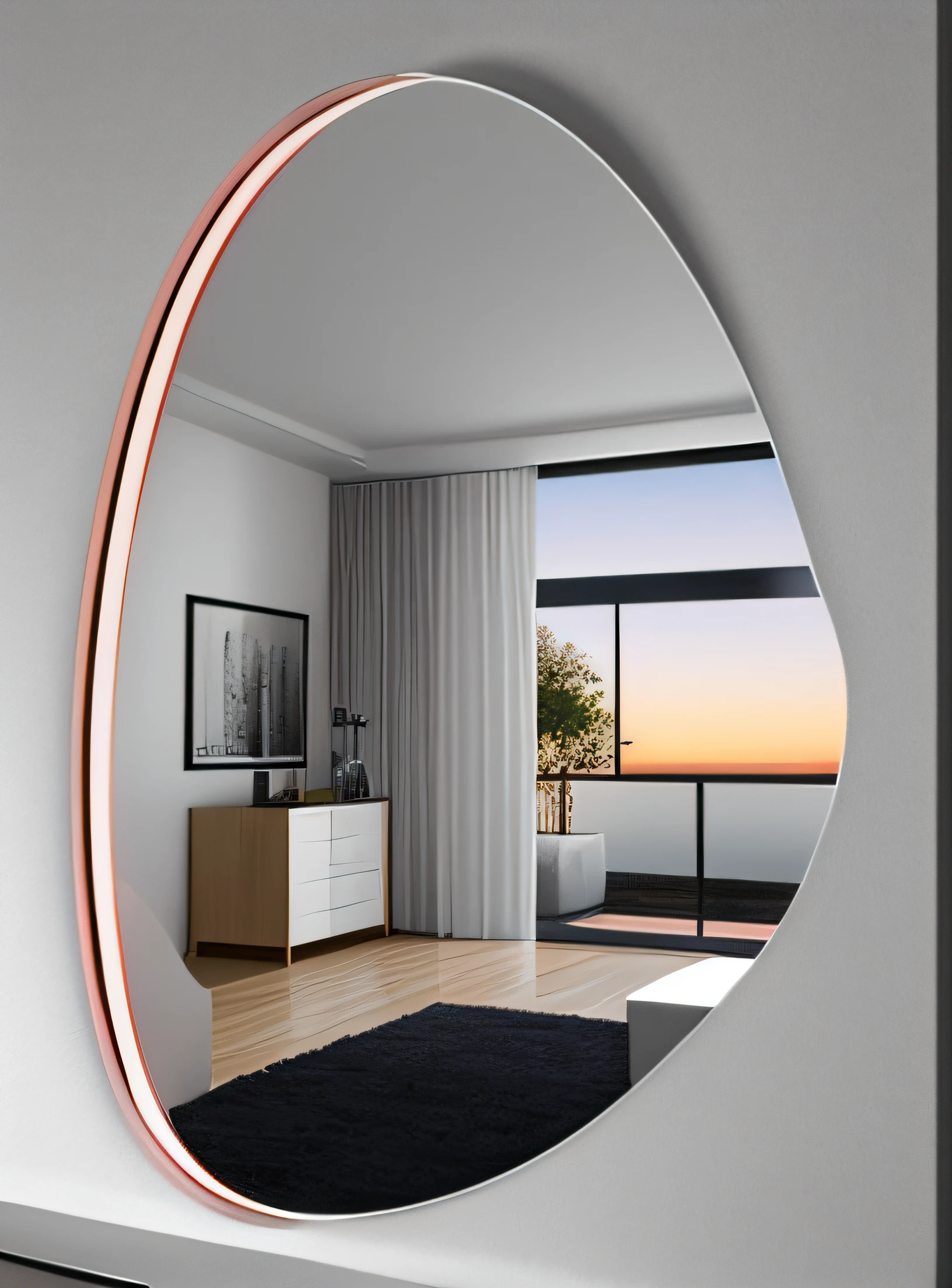 There is a mirror with rose color frame  , mirror and glass surfaces, espelho redondo na parede, reflexo do espelho, espelhos abstratos, Mirror back view, cheio de luz natural, zenith vision, espelhos de realidade alternativa, olhando para um espelho, espelhamento, refletido em espelho gigante, alternate angle, reflexos do espelho, fundo do espelho, espelhos grandes, vista