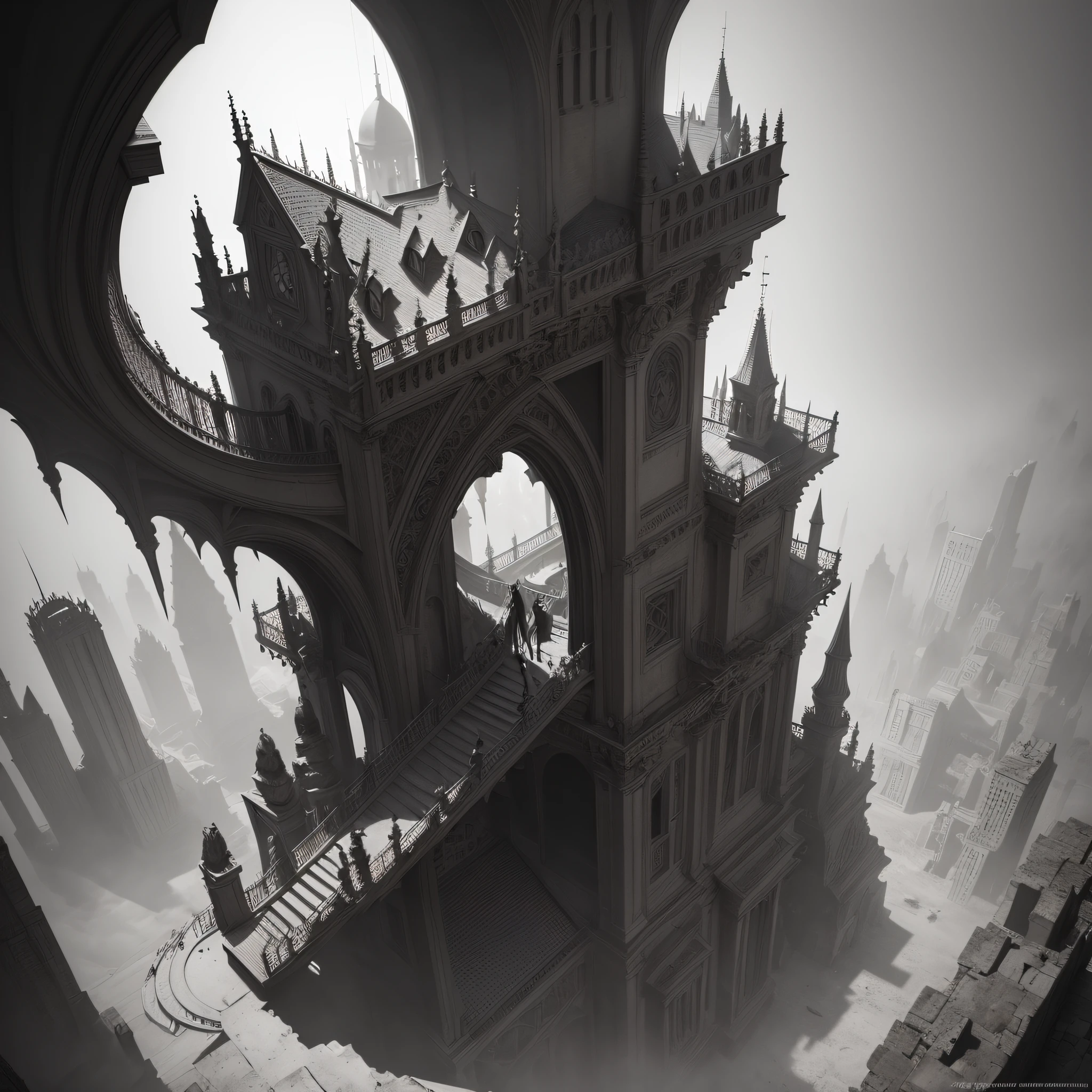 artwork concept M.C Escher+Clark Ashton Smith +Digital colage+vintage+
architetural Art+ creepy+ b/w photography by Pierre verger+style Fusion+,yellow mist,
atmospheric, , Aerial acrobatics design by +Ridley Scot, hyperrealistic+, 4K, Octane -upscale