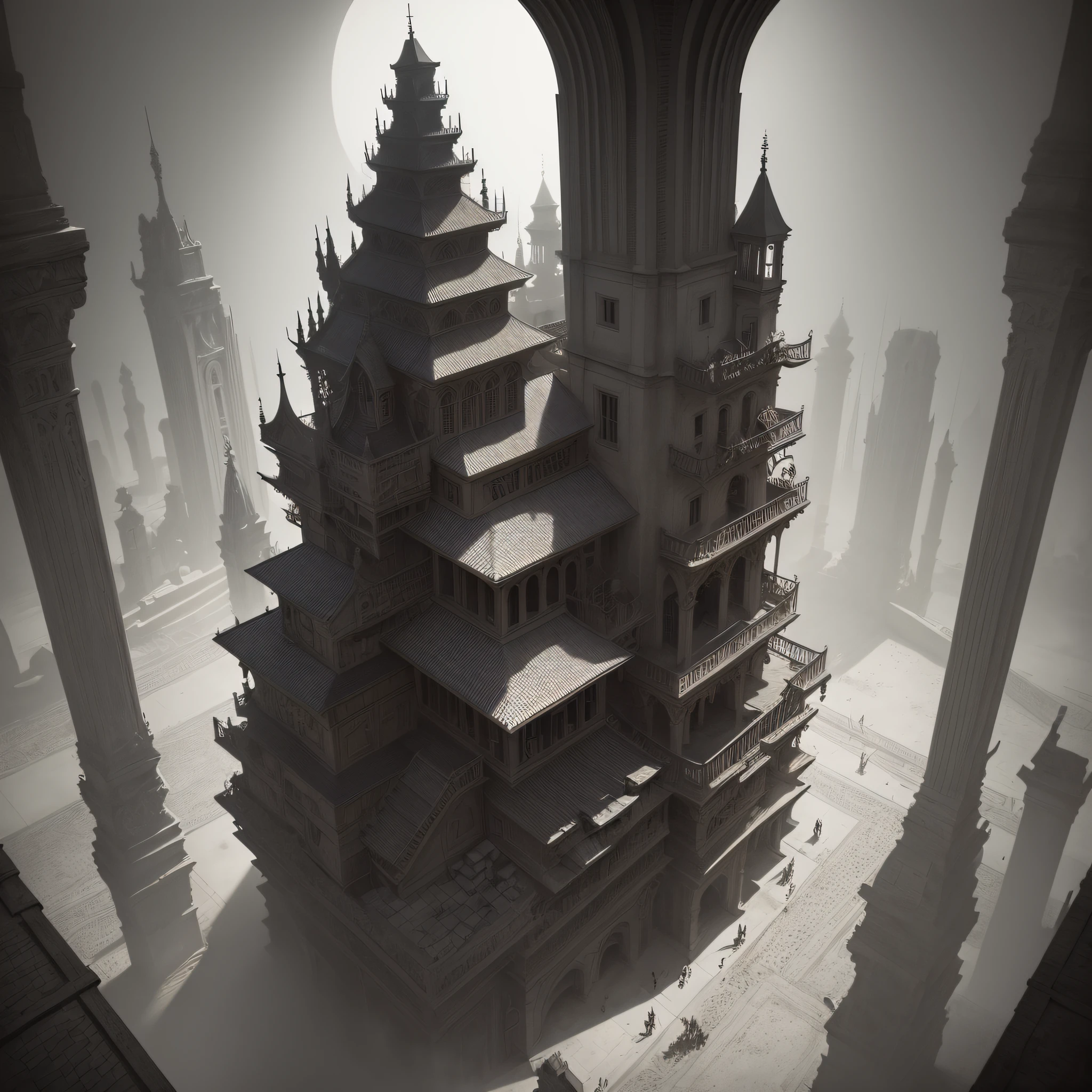 artwork concept M.C Escher+Clark Ashton Smith +Digital colage+vintage+
architetural Art+ creepy+ b/w photography by Pierre verger+style Fusion+,yellow mist,
atmospheric, , Aerial acrobatics design by +Ridley Scot, hyperrealistic+, 4K, Octane  -upscale