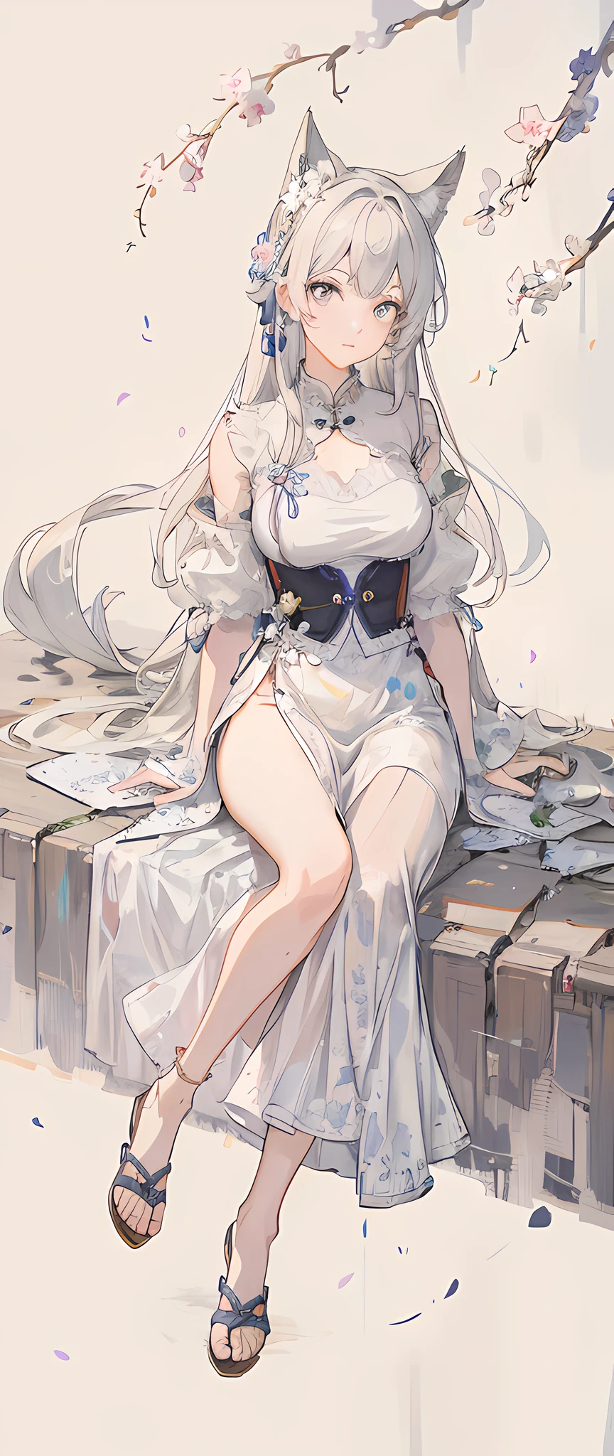 There is a painting,The painting shows a woman sitting on a bench, Guweiz in Pixiv ArtStation, Guviz, Guweiz on ArtStation Pixiv, Guviz-style artwork, by Yang J, trending on artstation pixiv, trending on cgstation, By Zeng Jing, author:Shitao, guweiz masterpiece,The camera zooms in,enchanted