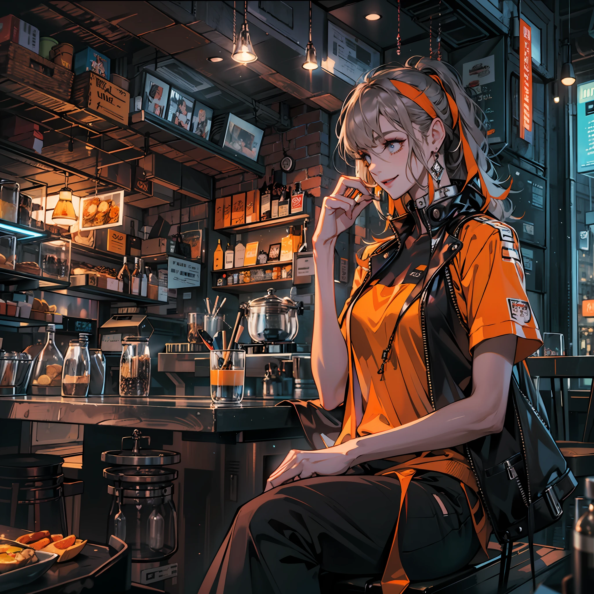 Best quality,tmasterpiece,Ultra-high resolution fills the picture,Indoor at night,Cafe in the sky,Orange color scheme for the café,There was coffee and wine,the night,inside in room,Coffee machine,Coffee lockers,Orange neon color scheme,Silver-white hair,Black fashion clothing,Orange and black matching outfits,boxer,Cafe beautiful girl,cyberpunk backgrouns,The background is colorful,Lateral face,Smiling,Various laid-back poses,Perfect makeup,Love eyes,8K quality,cyber punk perssonage,sense of science and technology,Character backlighting,rim-light,Movement changes,Flowing hairstyle,Loose hairstyle,The number of fingers is refined,The most beautiful girl in mankind,Wear a headband,Luminous accessories,Luminous earrings,Wear delicate accessories,Delicate close-up of the face,Realistic image quality,Super light and shadow,Very good figure,Meticulous,Have a cup or coffee on the roof in the evening,Very good figure,Raised sexy,luminous,Cool,Very stylish café,Cafe at night,Ray gorgeous,Have food,Laugh happily,