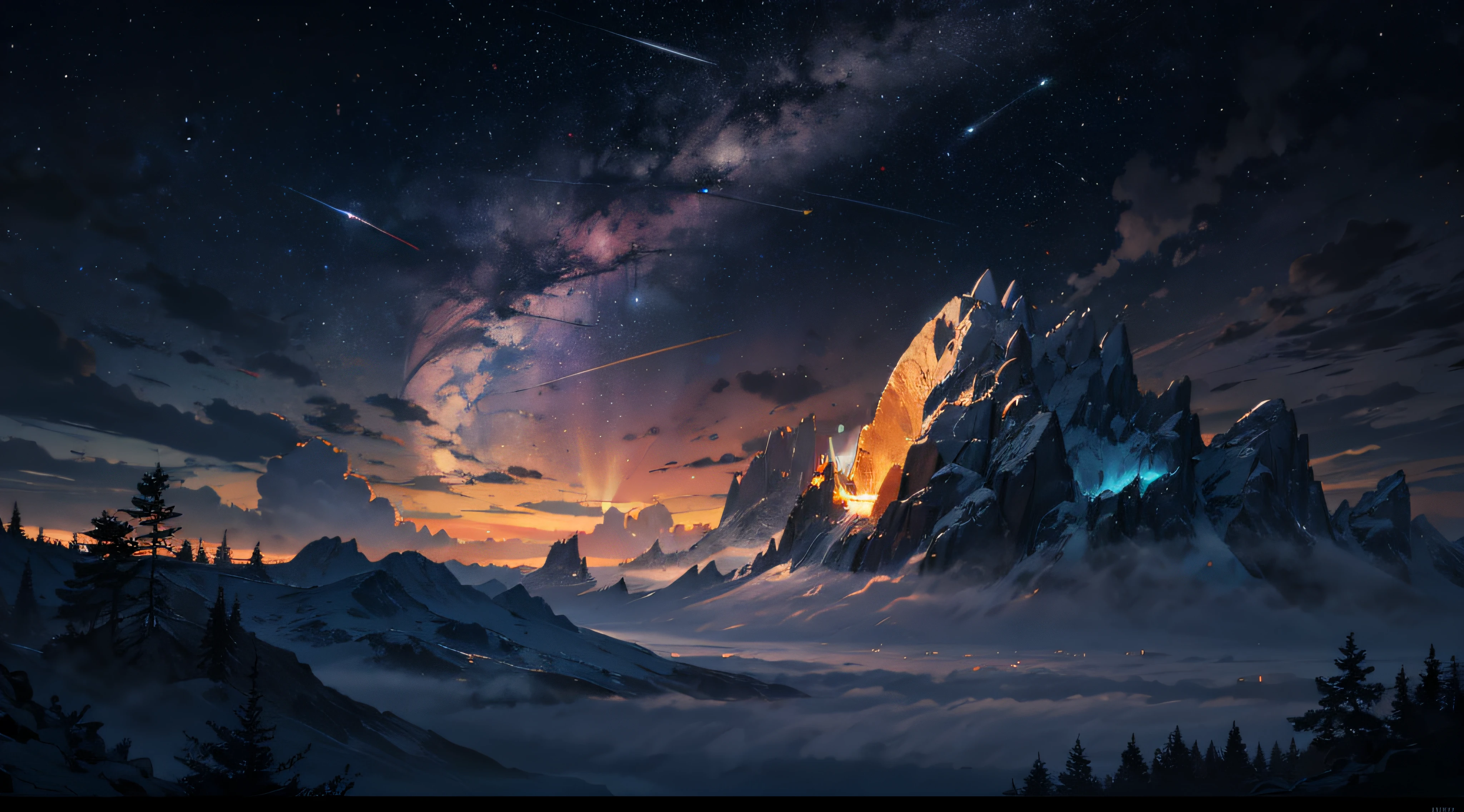 Expansive landscape photograph,(moon full:1.2),(meteors:0.9),(Starcloud:1.3),Far Mountain, Tree BREAK making art,(Warm light source:1.2),(glowworm:1.2),lamp lights,Lots of purple and orange,Complicated details,Volumetriclighting,Realism BREAK(tmasterpiece:1.2),(best qualtiy),8K,Ultra-detailed,(dynamic compositions:1.4),The is very detailed,Colorful details,(Irridescent color:1.2),(luminouslighting,Atmospheric lighting),dream magical,magical,(独奏:1.2),((best qualtiy)), ((tmasterpiece)), (the detail:1.4),depth of fields,maximum definition and sharpness,perfectly proportions,Fluttering clouds,Wallpapers