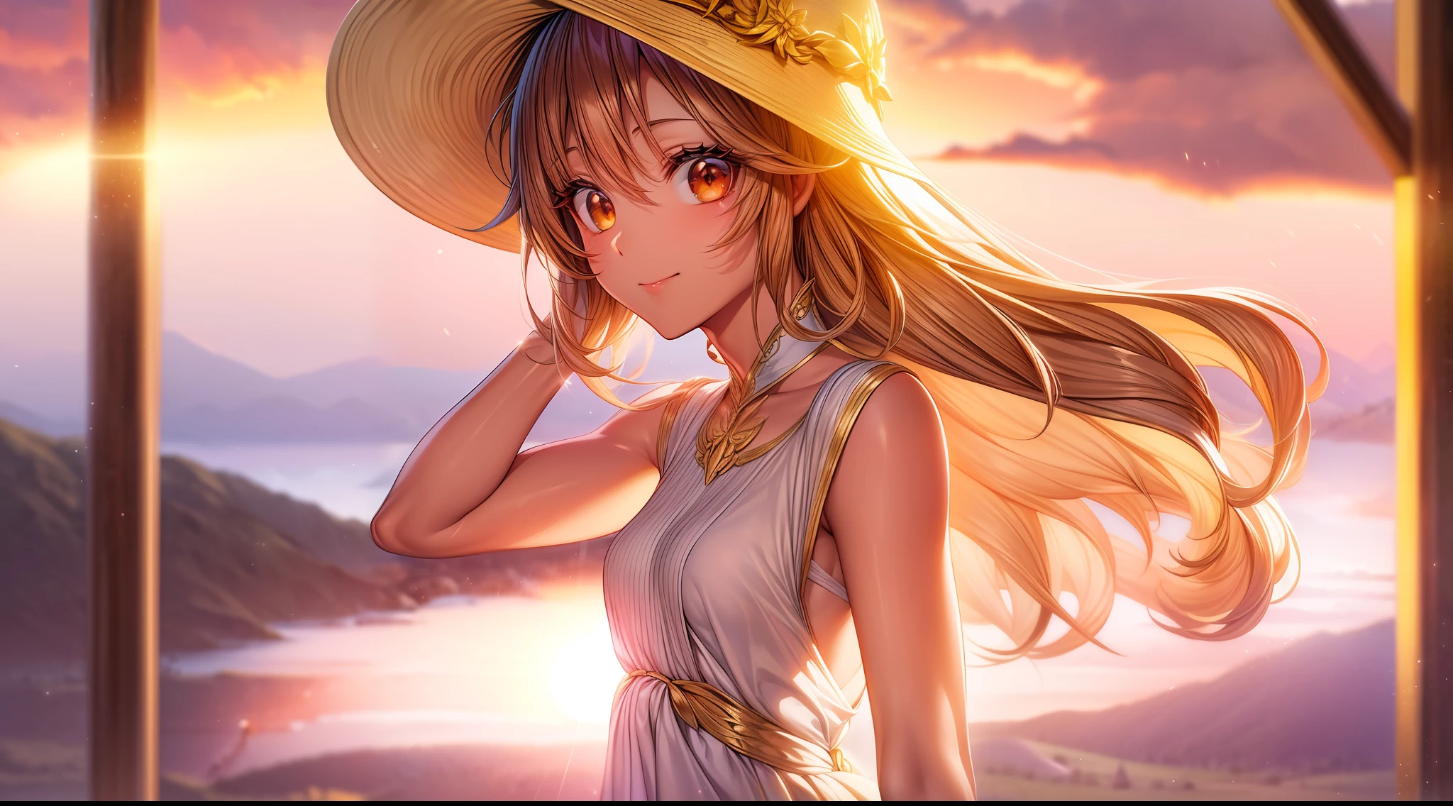 The "golden hour" is a term used in photography and cinematography to describe the time of day just after sunrise or just before sunset when the natural light is soft and warm, and the colors in the sky and on the landscape are particularly vivid and beautiful.In anime, the golden hour is often depicted through stunningly detailed and vibrant backgrounds, with the warm hues of the sun bathing the scenery in a rich, golden light. Characters might be shown basking in the glow of the sunset, their silhouettes sharply defined against the brilliant sky. The mood during the golden hour in anime is often peaceful, introspective, or romantic, as characters reflect on the beauty of the world around them.The golden hour is frequently used in anime to create a sense of wonder and awe, capturing the beauty of the natural world and inviting viewers to appreciate the fleeting moments of magic that can be found in everyday life. close POV, young anime girl wearing a beautiful dress, beautiful orange eyes sparkling, golden hour sunset, golden hour, golden hour scenery, smiling at the camera, elegant pose, looking at the viewer, fantasy art style, character portrait, drawn in medibang paint, 4k wallpaper, aesthetic, masterpiece, award-winning photography, macro photography vivid colors, photorealistic, atmospheric, cinematic, moody, rule of thirds, majestic, detailed, perfect anatomy cowboy shot, contrapposto, looking at viewer, highres, superb, 8k wallpaper, extremely detailed, intricate, unreal engine 5, volumetric lighting, realistic, realistic lighting, cinematic, 4k, cinematic lighting, 8k, depth of field, 3d, masterpiece, perfect, award-winning, hyper-detailed, photorealistic, ultra realistic, realistic light, hard lighting, intricate details, stop motion, hyperfocus, tonemapping, sharp focus, hyper detailed, detailed eyes, eyes focus, (illustration:1.1), highres, (extremely detailed CG unity 8k wallpaper:1.1), (mid shot1.25), (portrait:1.25), (solo:1.2), 1girl, (beautiful fac
