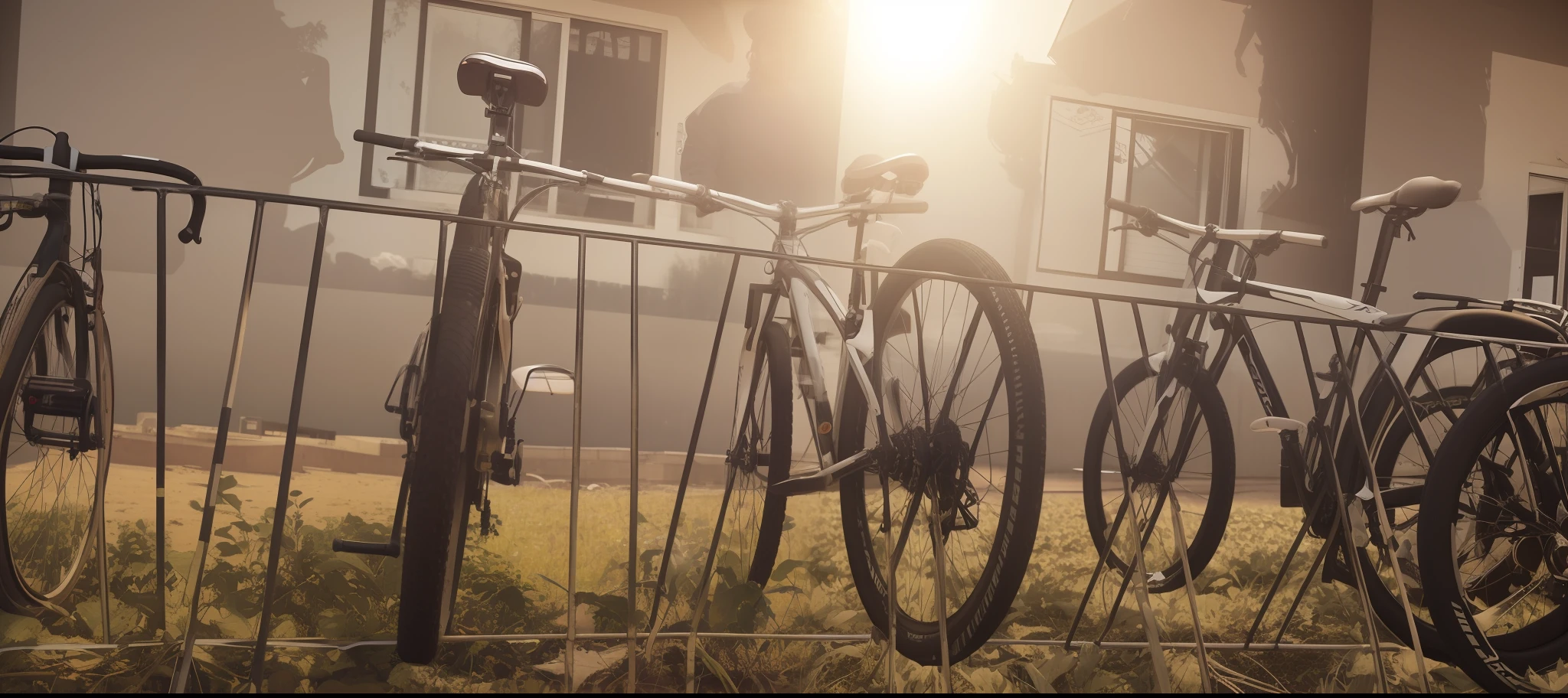 Bicycles are parked in front of a building with a fence, Bicicletas, taken with sony a7r camera, captured with sony a3 camera, bem editado, bicicleta no fundo, Directed by: Willian Murai, parece realista, nice afternoon lighting, bicicleta, !! muito coerente!!, Outside, nice composition, ciclismo!!, interesting composition, imagem muito coerente, ciclos4d