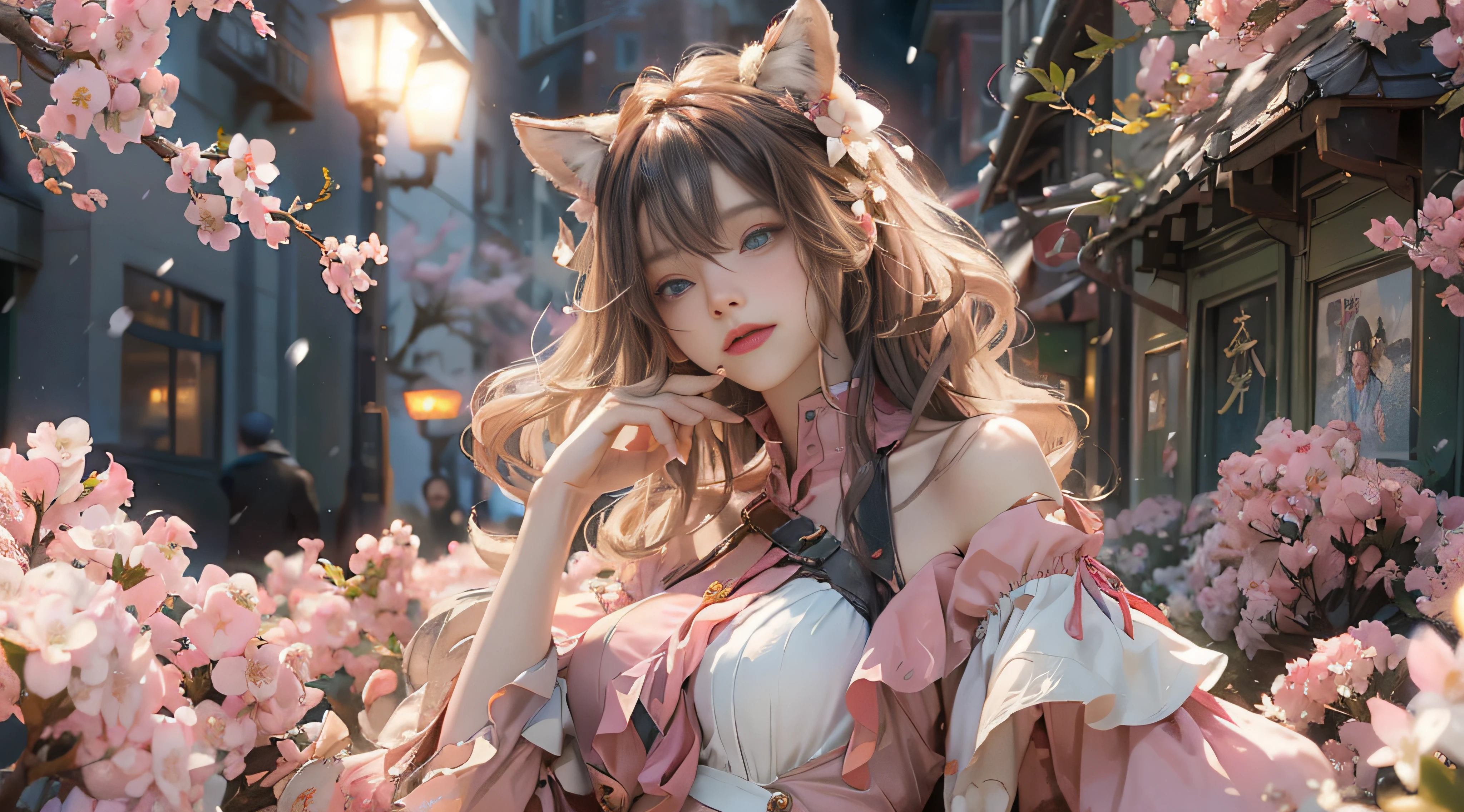 ((best qualtiy)), ((tmasterpiece)), (detail:1.4), Beautiful cyberpunk female images,hdr(HighDynamicRange),Ray traching,NVIDIA RTX,Hyper-Resolution,illusory 5,sub surface scattering,PBR textures,post-proces,Anisotropy Filtering,depth of fields,maximum definition and sharpness,Many-Layer Textures,Albedo e mapas Speculares,Surface coloring,Mitsu-Accurate simulation of material interactions,perfectly proportioned,rendering by octane,Two-colored light,largeaperture,Low ISO,White balance,Rule three points、8K raw data、Beautiful bright blue pupils,off-the-shoulder clothes,Fine pupils,Delicate face and eyes,long eyelasher,Blushlush,Delicate and fluffy hair,pink lip,Pure,Cute face,Sweet girl,Artistic sense,Casual wear,Advancedsense,butterflys,Cherry blossom petal,Beautiful hair accessories,Long hair and waist,Hair fluttering in the wind,Snow-white fox ears,curlies
