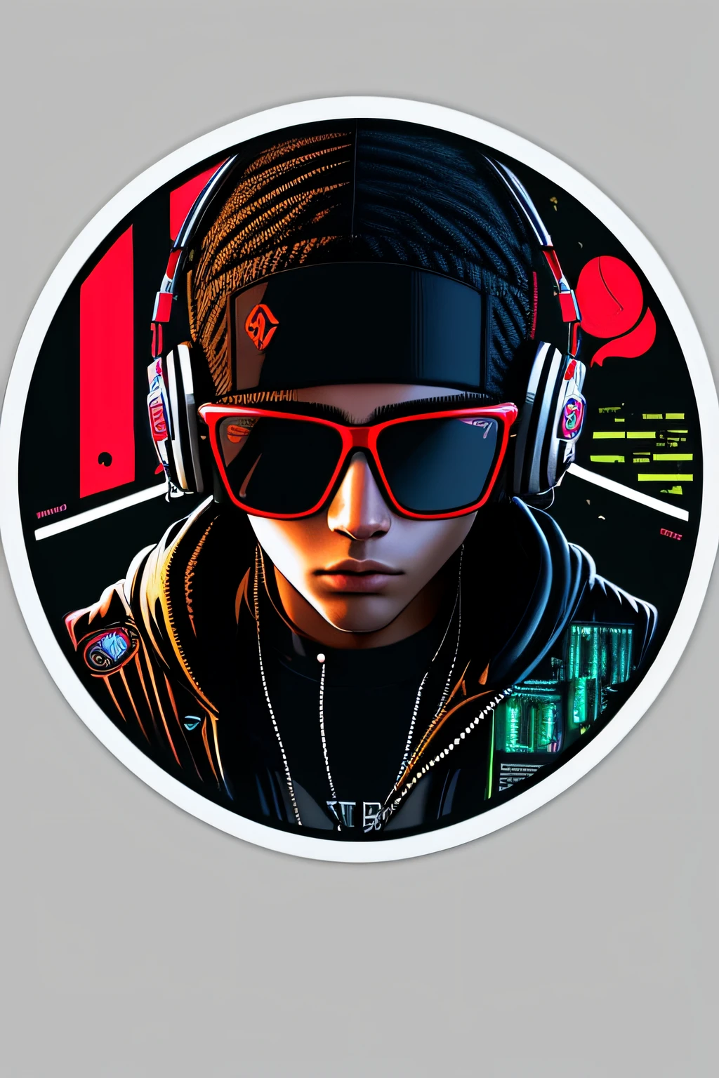 ((stickers)), hooded  man with music headphones in the head and some dark glasses, look to front, in the middle, centered, realist, cyberpunk (masterpiece:1.2), street wear, (best quality), (ultra detailed), (4k,intricate),(highly detailed:1.2),