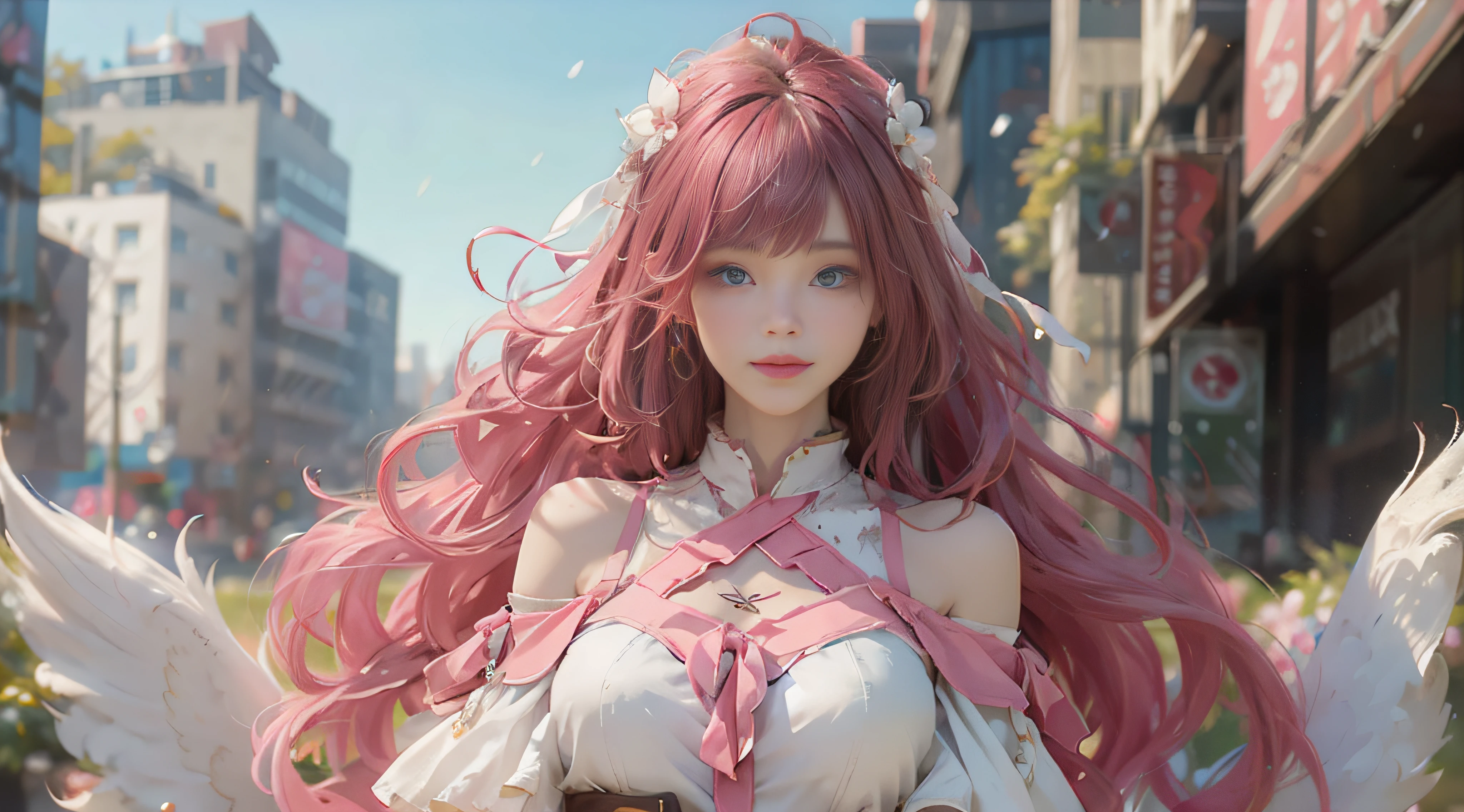 ((best qualtiy)), ((tmasterpiece)), (detail:1.4), Beautiful cyberpunk female images,hdr(HighDynamicRange),Ray traching,NVIDIA RTX,Hyper-Resolution,illusory 5,sub surface scattering,PBR textures,post-proces,Anisotropy Filtering,depth of fields,maximum definition and sharpness,Many-Layer Textures,Albedo e mapas Speculares,Surface coloring,Mitsu-Accurate simulation of material interactions,perfectly proportioned,rendering by octane,Two-colored light,largeaperture,Low ISO,White balance,Rule three points、8K raw data、Beautiful bright blue pupils,off-the-shoulder clothes,Fine pupils,Delicate face and eyes,long eyelasher,Blushlush,Delicate and fluffy hair,pink lip,Pure,Cute face,Sweet girl,Artistic sense,Casual wear,Advancedsense,butterflys,Cherry blossom petal,Beautiful hair accessories,Long hair and waist,Hair fluttering in the wind,Snow-white fox ears,curlies