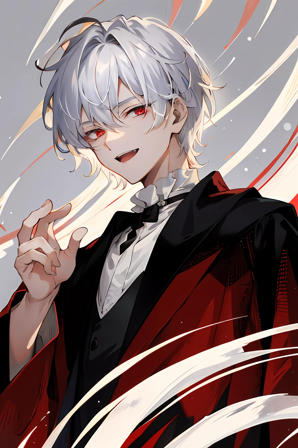 16 year old boy White hair Red eyes One eye like a black robe Charming robe Face Devilish laugh Victorian era Close-up High resolution Best quality blank background