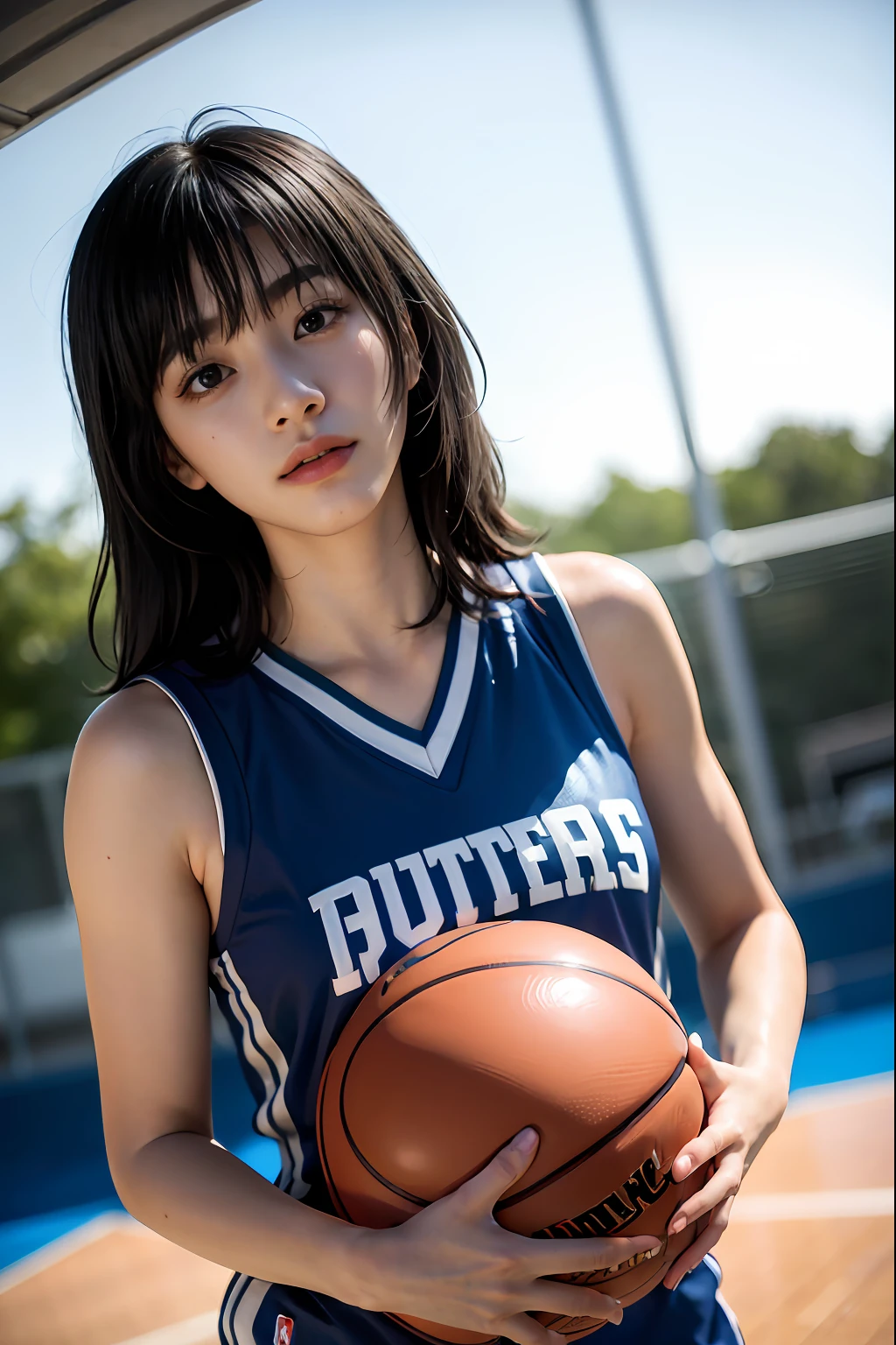 (8k, Best Quality, Masterpiece: 1.2), (Realistic, Photorealistic: 1.37), Super Detailed, Best Quality, Super High Resolution, Professional Lighting, Photon Mapping, Radiosity, Physically Based Rendering, Cinematic Lighting , basketball court, depth of field, focus, sun rays, good composition, (bokeh: 1.2), 1 girl, (whole body), (closed mouth), beautiful eyes, pose, constriction, basketball uniform, black hair , messy hair, long hair blowing in the wind,(ulzzang-6500:1.2) mix4, hiqcgbody