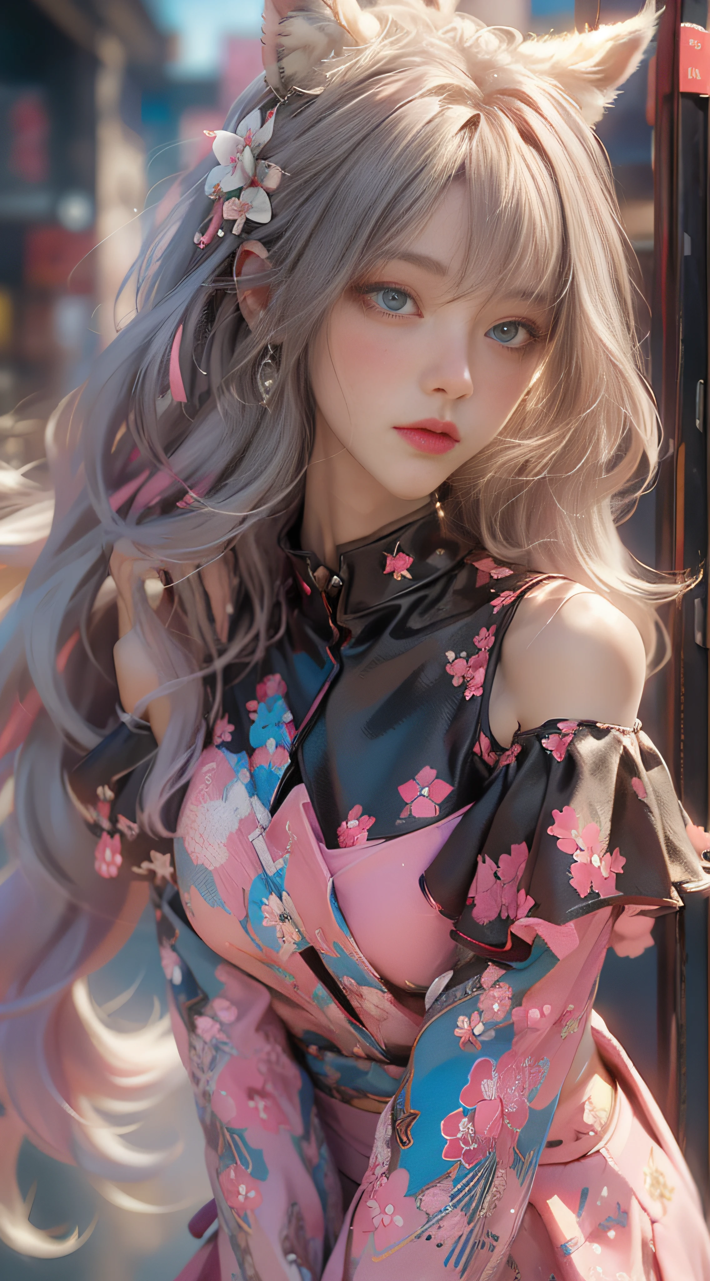 （（best qualtiy））， （（tmasterpiece））， （detail：1.4）， Beautiful cyberpunk female images，hdr（HighDynamicRange），Ray traching，NVIDIA RTX，Hyper-Resolution，illusory 5，sub surface scattering，PBR textures，post-proces，Anisotropy Filtering，depth of fields，maximum definition and sharpness，Many-Layer Textures，Albedo e mapas Speculares，Surface coloring，Mitsu-Accurate simulation of material interactions，perfectly proportioned，rendering by octane，Two-colored light，largeaperture，Low ISO，White balance，Rule three points、8K raw data、Beautiful bright blue pupils，off-the-shoulder clothes，Fine pupils，Delicate face and eyes，long eyelasher，Blushlush，Delicate and fluffy hair，pink lip，Pure，Cute face，Sweet girl，Artistic sense，Casual wear，Advancedsense，butterflys，Cherry blossom petal，Beautiful hair accessories，Long hair and waist，Hair fluttering in the wind，Snow-white fox ears，curlies