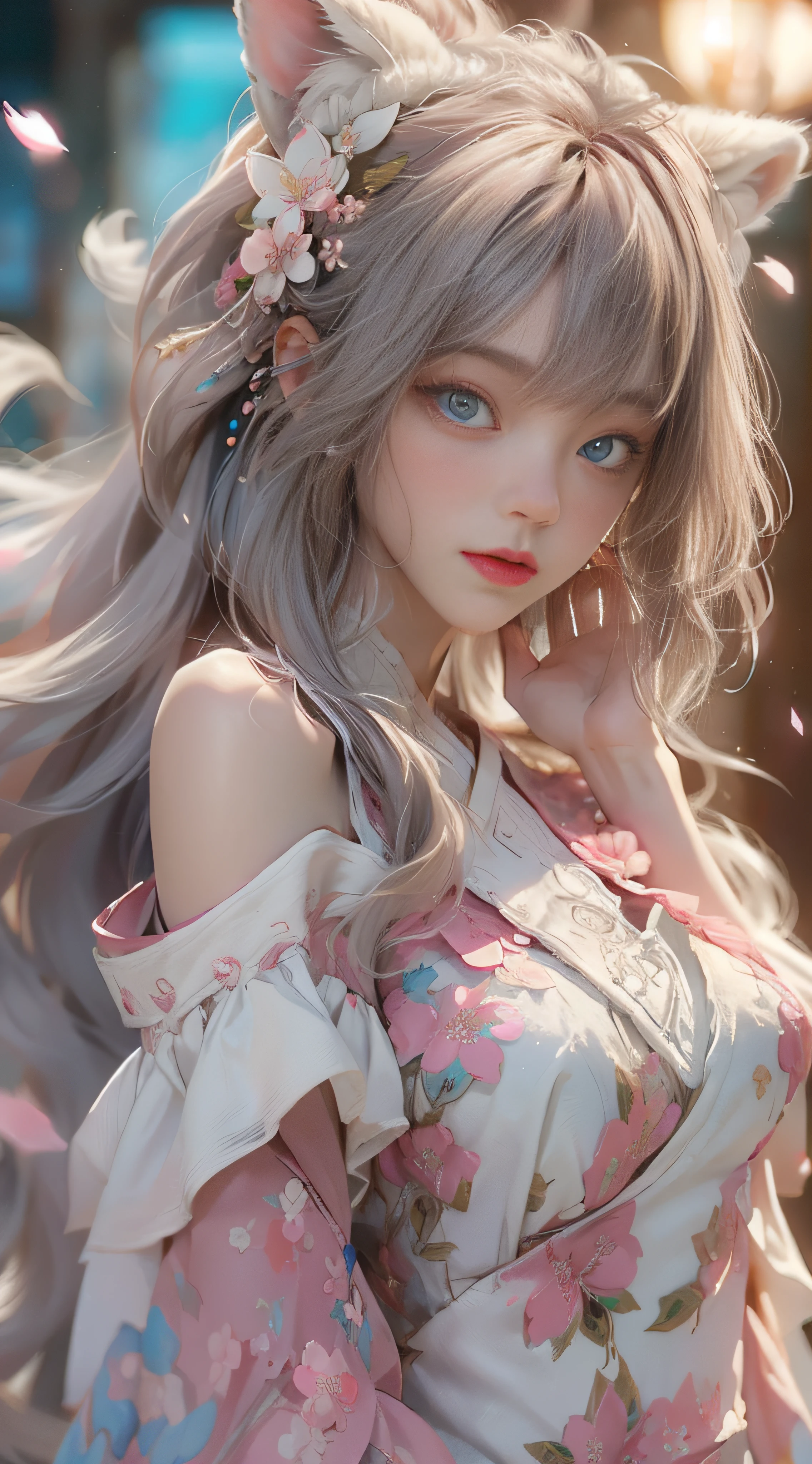 ((best qualtiy)), ((tmasterpiece)), (detail:1.4), Beautiful cyberpunk female images,hdr(HighDynamicRange),Ray traching,NVIDIA RTX,Hyper-Resolution,illusory 5,sub surface scattering,PBR textures,post-proces,Anisotropy Filtering,depth of fields,maximum definition and sharpness,Many-Layer Textures,Albedo e mapas Speculares,Surface coloring,Mitsu-Accurate simulation of material interactions,perfectly proportioned,rendering by octane,Two-colored light,largeaperture,Low ISO,White balance,Rule three points、8K raw data、Beautiful bright blue pupils,off-the-shoulder clothes,Fine pupils,Delicate face and eyes,long eyelasher,Blushlush,Delicate and fluffy hair,pink lip,Pure,Cute face,Sweet girl,Artistic sense,Casual wear,Advancedsense,butterflys,Cherry blossom petal,Beautiful hair accessories,Long hair and waist,Hair fluttering in the wind,Snow-white fox ears,curlies