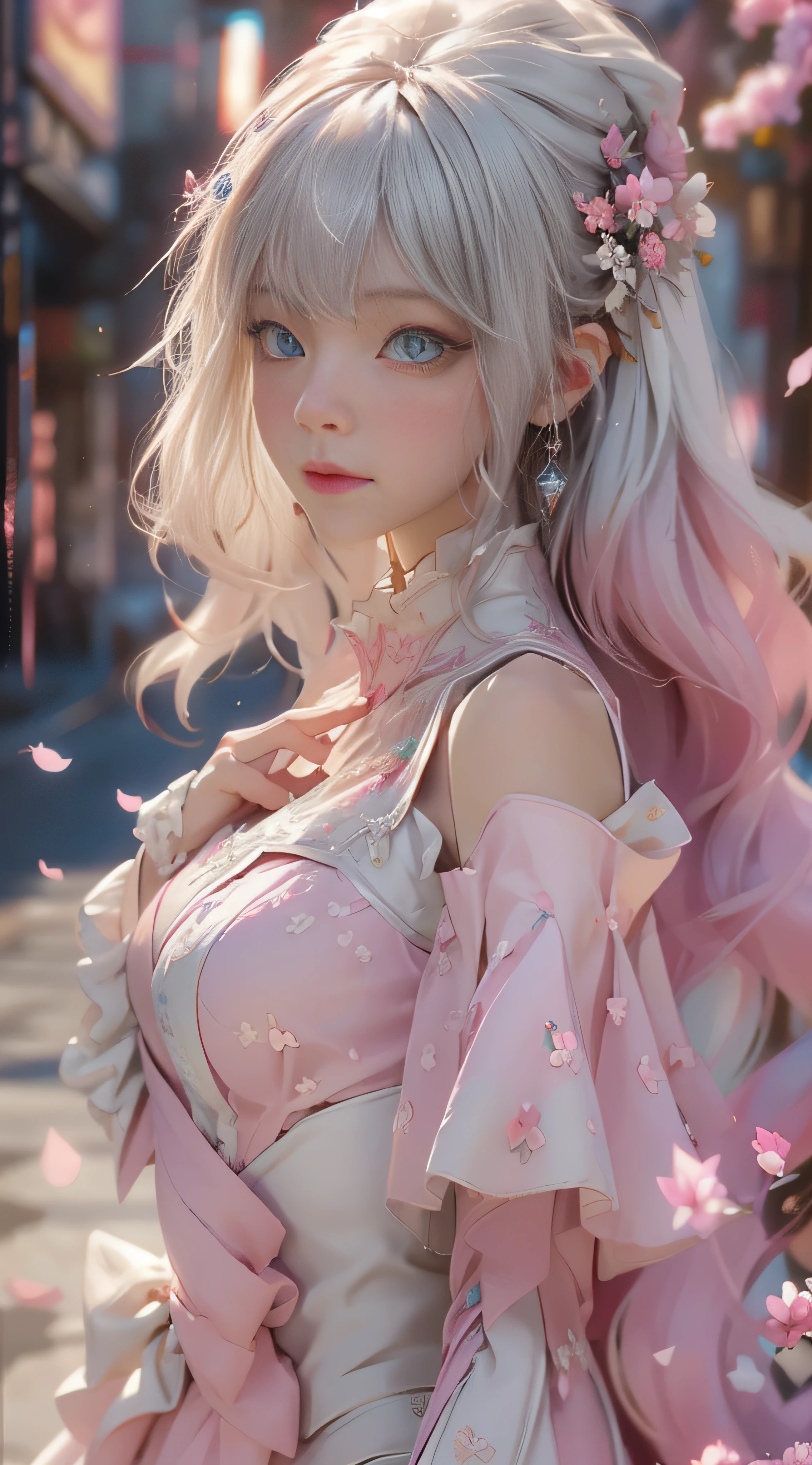 ((best qualtiy)), ((tmasterpiece)), (detail:1.4), Beautiful cyberpunk female images,hdr(HighDynamicRange),Ray traching,NVIDIA RTX,Hyper-Resolution,illusory 5,sub surface scattering,PBR textures,post-proces,Anisotropy Filtering,depth of fields,maximum definition and sharpness,Many-Layer Textures,Albedo e mapas Speculares,Surface coloring,Mitsu-Accurate simulation of material interactions,perfectly proportioned,rendering by octane,Two-colored light,largeaperture,Low ISO,White balance,Rule three points、8K raw data、Beautiful bright blue pupils,off-the-shoulder clothes,Fine pupils,Delicate face and eyes,long eyelasher,Blushlush,Delicate and fluffy hair,pink lip,Pure,Cute face,Sweet girl,Artistic sense,Casual wear,Advancedsense,butterflys,Cherry blossom petal,Beautiful hair accessories,Long hair and waist,Hair fluttering in the wind,Snow-white fox ears,curlies