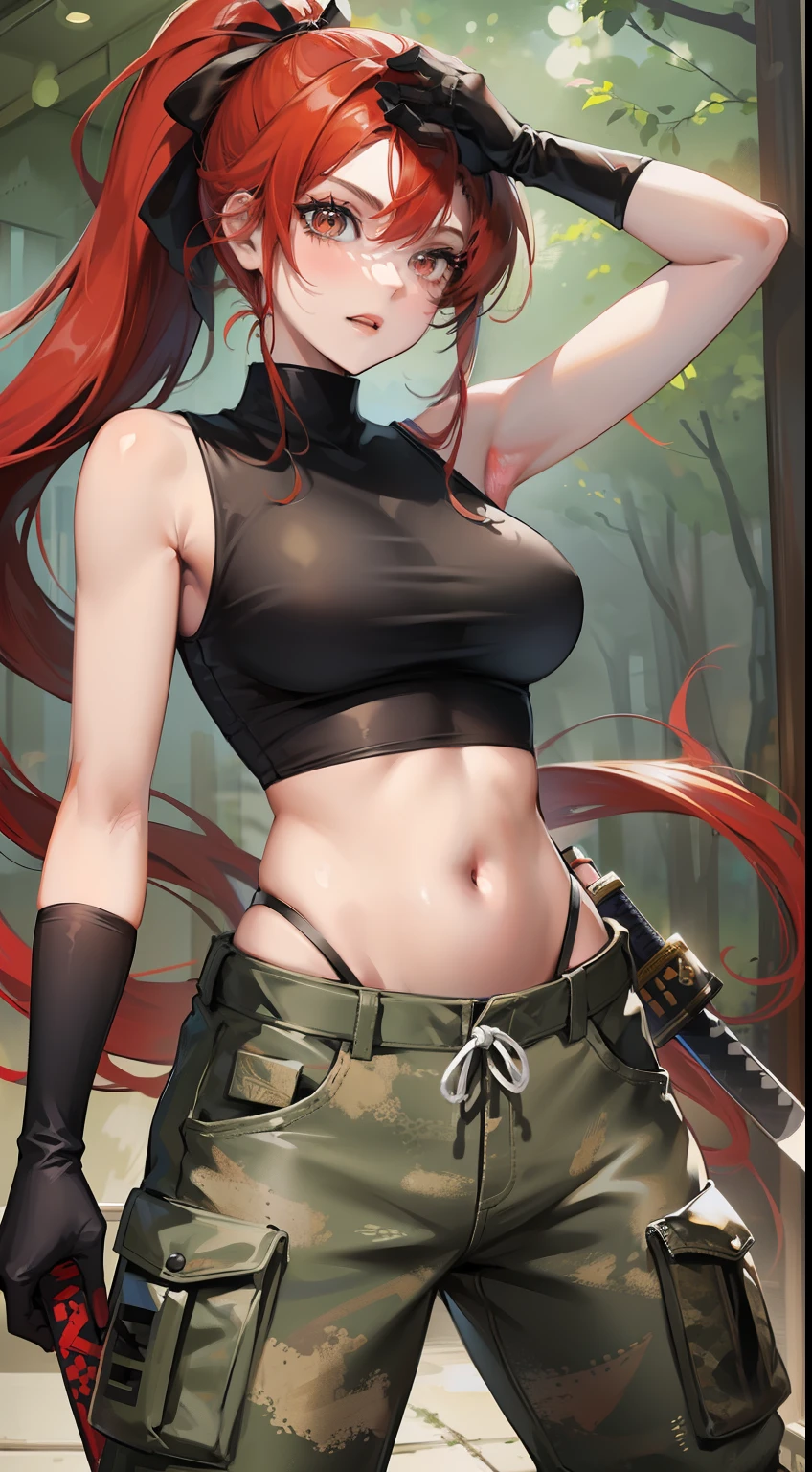 young girl, Long red hair, high ponytail, brown eye, Black sleeveless t-shirt, open belly, camouflage military pants, Katanas, Masterpiece, hiquality