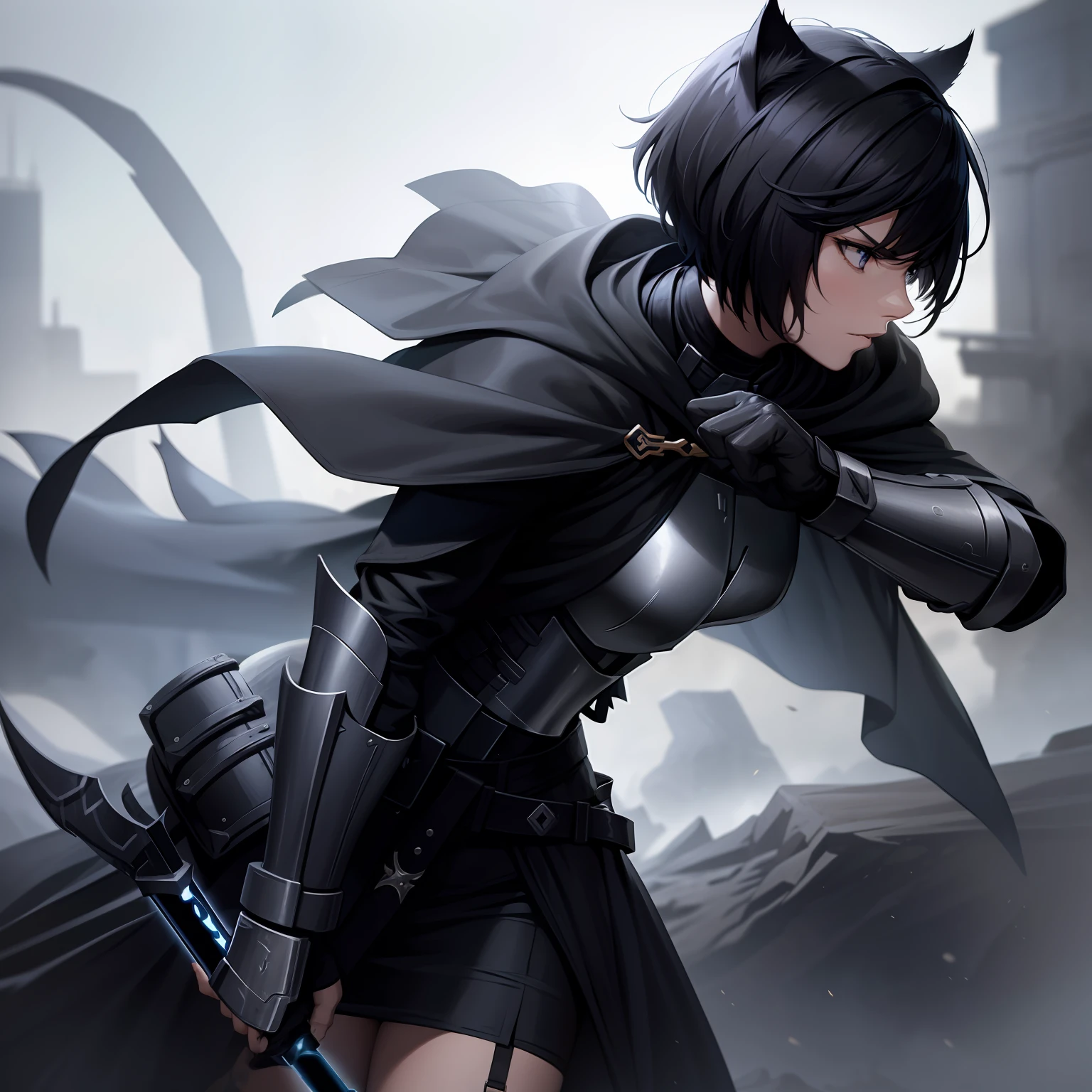 Red lightsaber in hand, short hair, serious face, full combat attire, black hair, black eyes, full black metal armor, human appearance, adult female, dress cape, cat ears in head