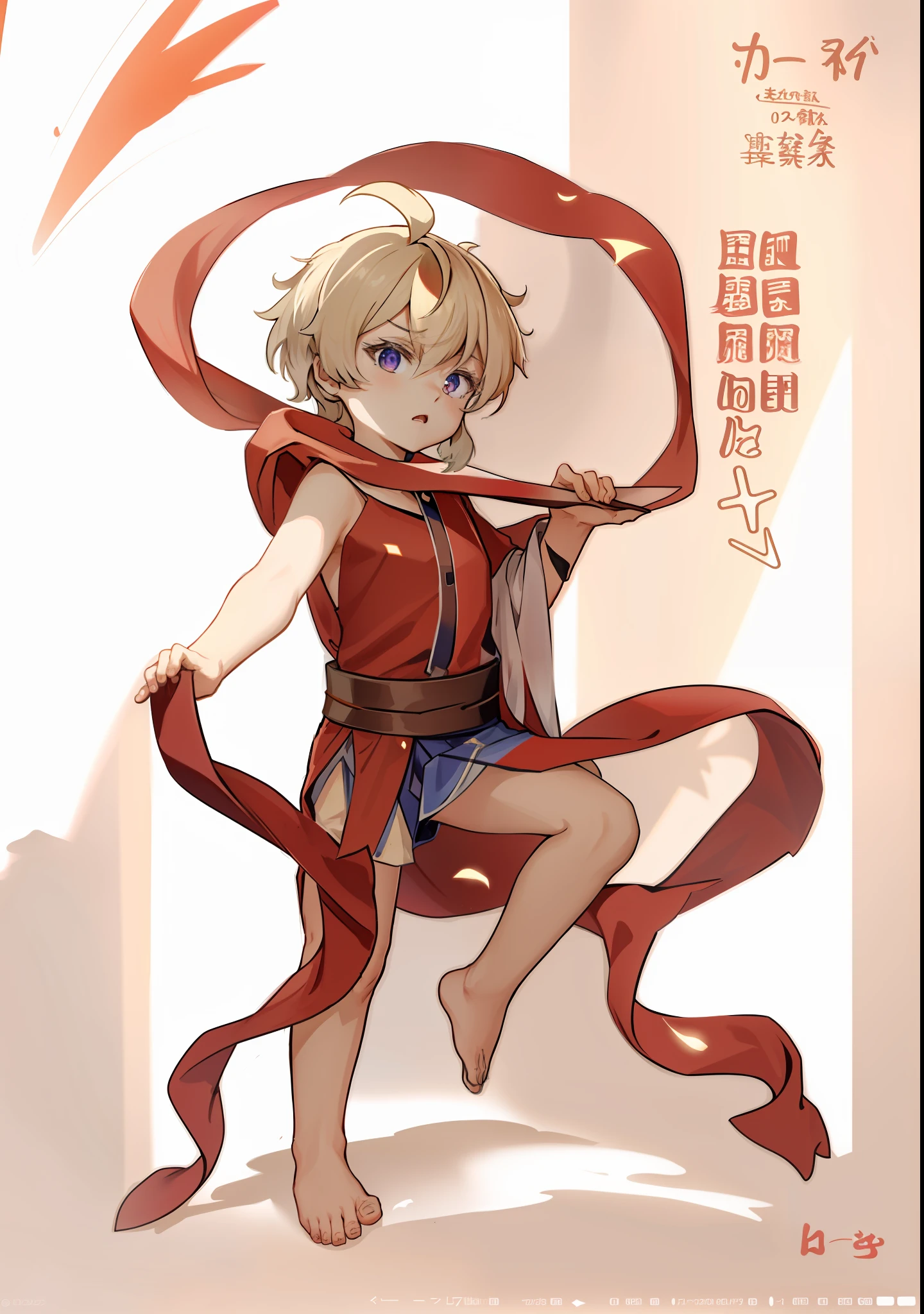 Anime characters with red ribbons on their necks and chests, Keqing from Genshin Impact, obi strip, Genshin, red cloth around his shoulders, zhongli from genshin impact, zerochan art, zerochan, he‘s wearing a red scarf, floating robes, author：Shitao, Inspired by Bian Shoumin, full body portrait of a short!