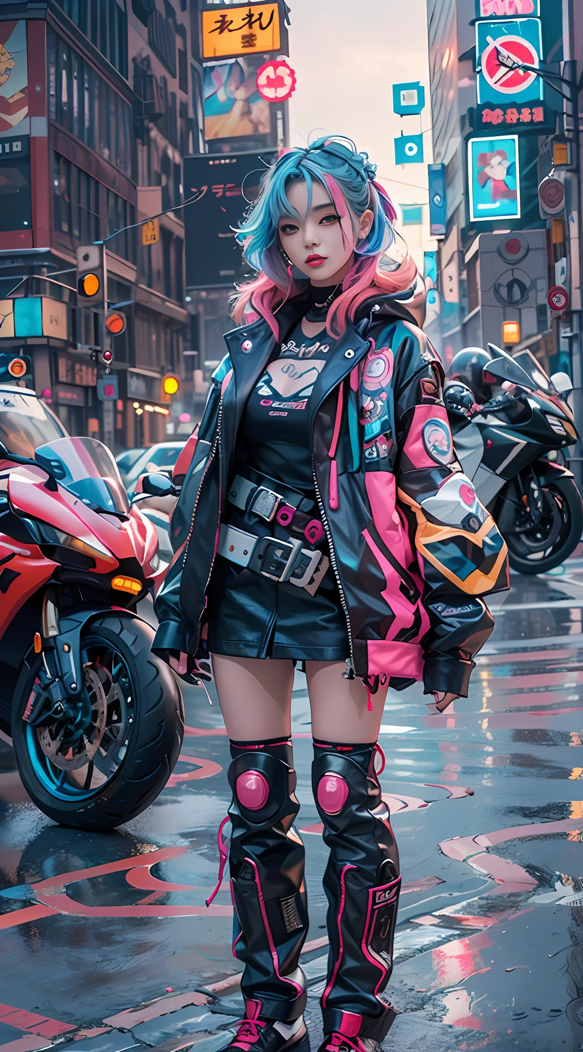 masterpiece, best quality, Confident asian cyberpunk girl, full body shot, ((standing in front of motorcycle)), Harajuku-inspired pop outfit, bold colors and patterns, eye-catching accessories, trendy and innovative hairstyle, vibrant makeup, Cyberpunk dazzling cityscape, skyscrapers, neon signs, LED lights, bright and vivid color scheme, anime, illustration, detailed skin texture, detailed cloth texture, beautiful detailed face, intricate details, ultra detailed.