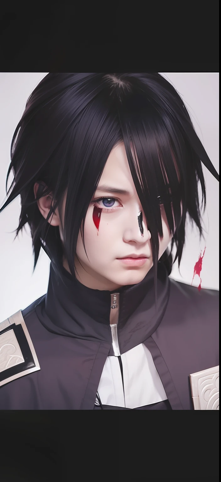 Uchiha sasuke. A gentleman. With riven's hair covering her left eye. And his right eye is bleeding on sharpening. Wearing a black cloak. It looks cool. And realistic.