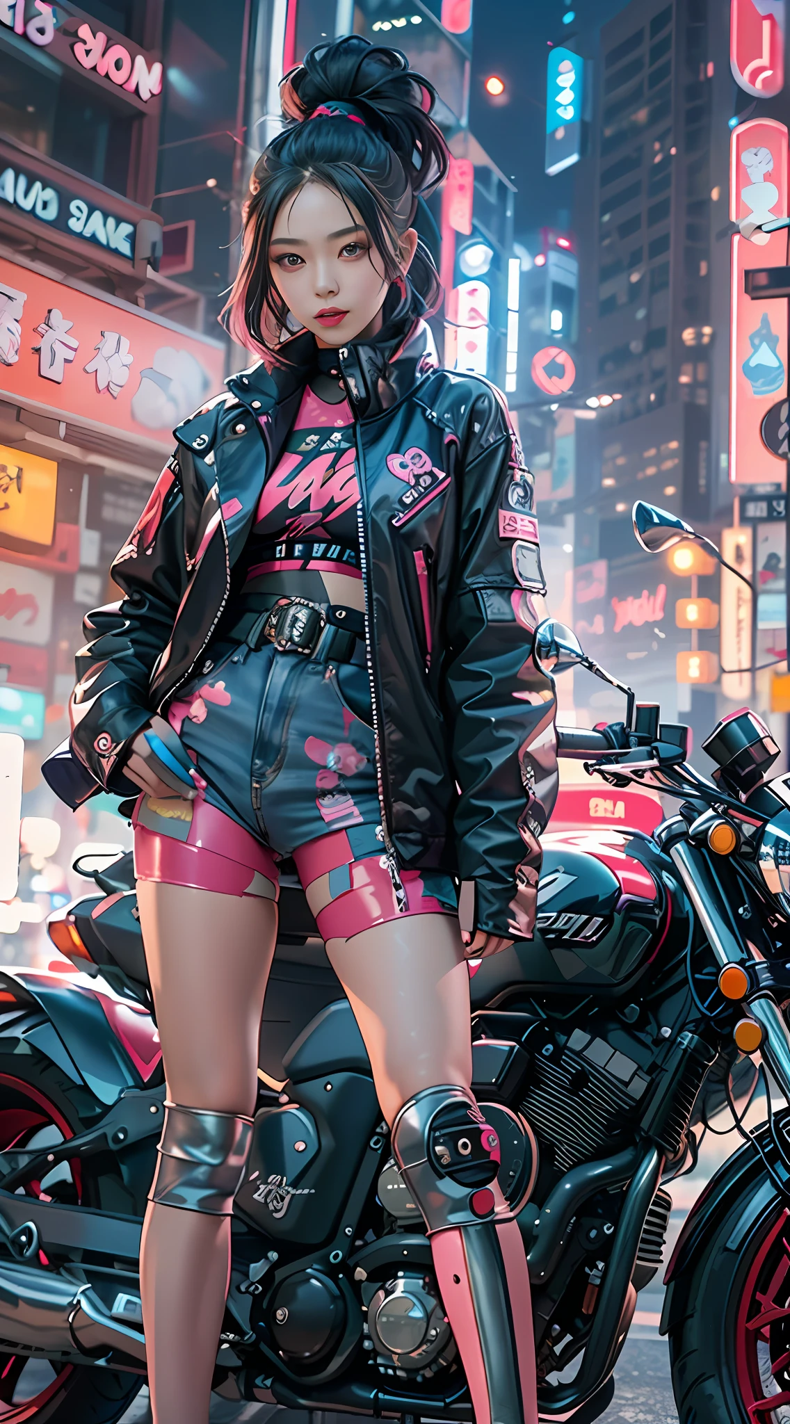 masterpiece, best quality, Confident asian cyberpunk girl, full body shot, ((standing in front of motorcycle)), Harajuku-inspired pop outfit, bold colors and patterns, eye-catching accessories, trendy and innovative hairstyle, vibrant makeup, Cyberpunk dazzling cityscape, skyscrapers, neon signs, LED lights, bright and vivid color scheme, anime, illustration, detailed skin texture, detailed cloth texture, beautiful detailed face, intricate details, ultra detailed.