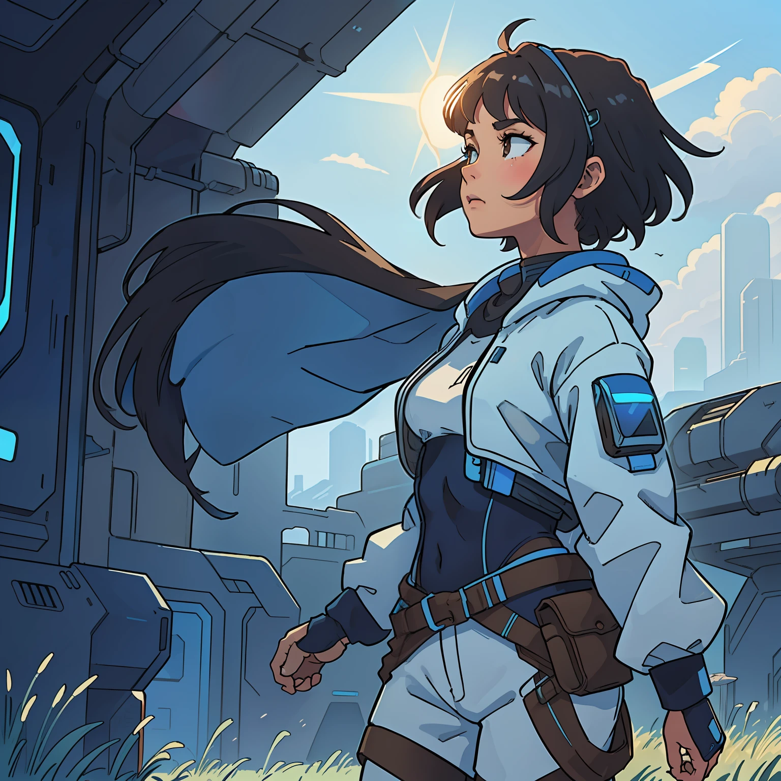 a side view of beautiful girl with short brown hair and brown skin wearing a poncho over a white and blue sci fi, cyberpunk bodysuit. Exterior, nature, walking in a field of tall blue corn with dramatic light with sun flare. Bright colors