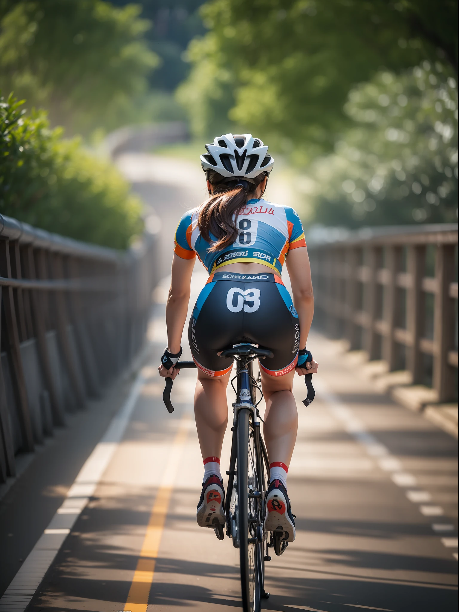 A japanese woman is riding a bicycle, from behind view, marathon, rival, hardcore race, sweating face, turning back face, 21 years old, hopeful, hardest trying, bicycle race, well-trained body figure, bending and riding body position, shot by professional sports cameraman, 20 inch lens, pro sports camera, natural light, motivational photo, winning award photo, dramatic view, feeling powerful, mindset, hdr, 8k, best quality ever, highest detailed realistic photo, masterpiece