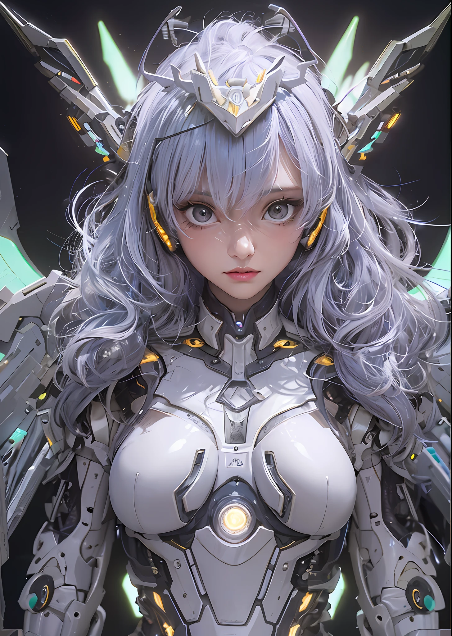 top-quality、​masterpiece、超A high resolution、(Photorealsitic:1.4)、Raw photo、Battle Cyborg Angel、large wings made of metal、White porcelain body、Acrylic Clear Cover、white  hair、glowy skin、1 Cyborg Girl、((super realistic details))、portlate、globalillumination、Shadow、octan render、8K、ultrasharp、character edge light,Colossal tits、Raw skin is exposed in cleavage、Details of complex ornaments、Sumerian details、Hydraulic cylinder、Small LED lamp、highly intricate detail、Realistic light、a purple eye、radiant eyes、Facing the camera、neon details、cowboy  shot、Futuristic headgear、About Cyberpunk、、