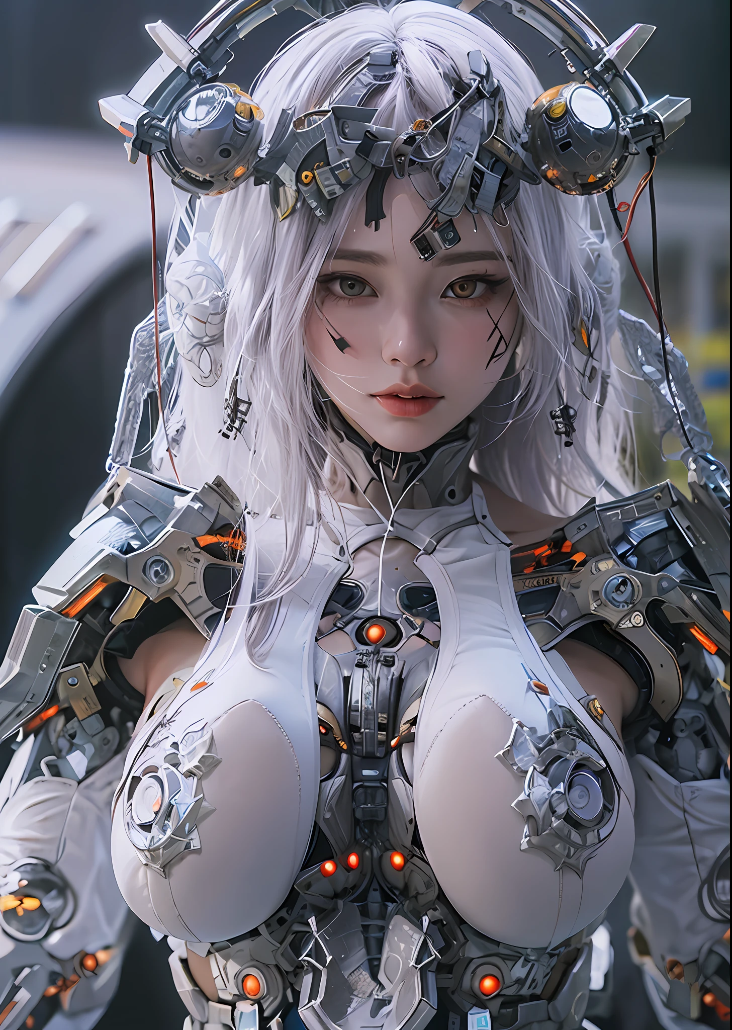top-quality、masterpiece、超A high resolution、(Photorealsitic:1.4)、Raw photo、Battle Cyborg Angel、large wings made of metal、White porcelain body、Acrylic Clear Cover、white hair、glowy skin、1 Cyborg Girl、((super realistic details))、portlate、globalillumination、Shadow、octan render、8K、ultrasharp、character edge light,Colossal tits、Raw skin is exposed in cleavage、Details of complex ornaments、Sumerian details、Hydraulic cylinder、Small LED lamp、highly intricate detail、Realistic light、a purple eye、radiant eyes、Facing the camera、neon details、cowboy shot、Futuristic headgear、About Cyberpunk、、