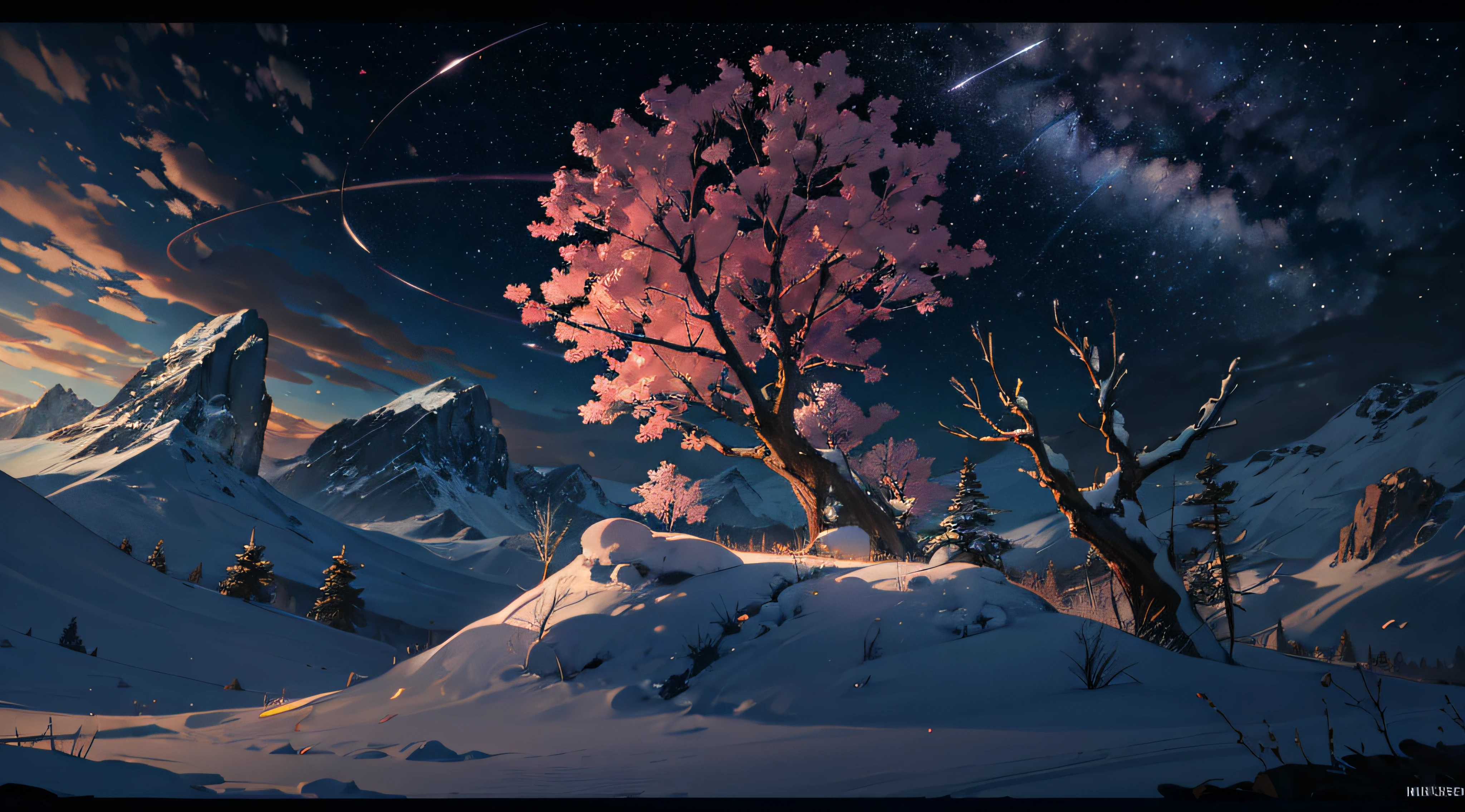 Expansive landscape photograph,(moon full:1.2),(meteors:0.9),(Starcloud:1.3),Far Mountain, Tree BREAK making art,(Warm light source:1.2),(glowworm:1.2),lamp lights,Lots of purple and orange,Complicated details,Volumetriclighting,Realism BREAK(tmasterpiece:1.2),(best qualtiy),8K,Ultra-detailed,(dynamic compositions:1.4),The is very detailed,Colorful details,(Irridescent color:1.2),(luminouslighting,Atmospheric lighting),dream magical,magical,(独奏:1.2),((best qualtiy)), ((tmasterpiece)), (the detail:1.4),depth of fields,maximum definition and sharpness,perfectly proportions,Fluttering clouds,Wallpapers