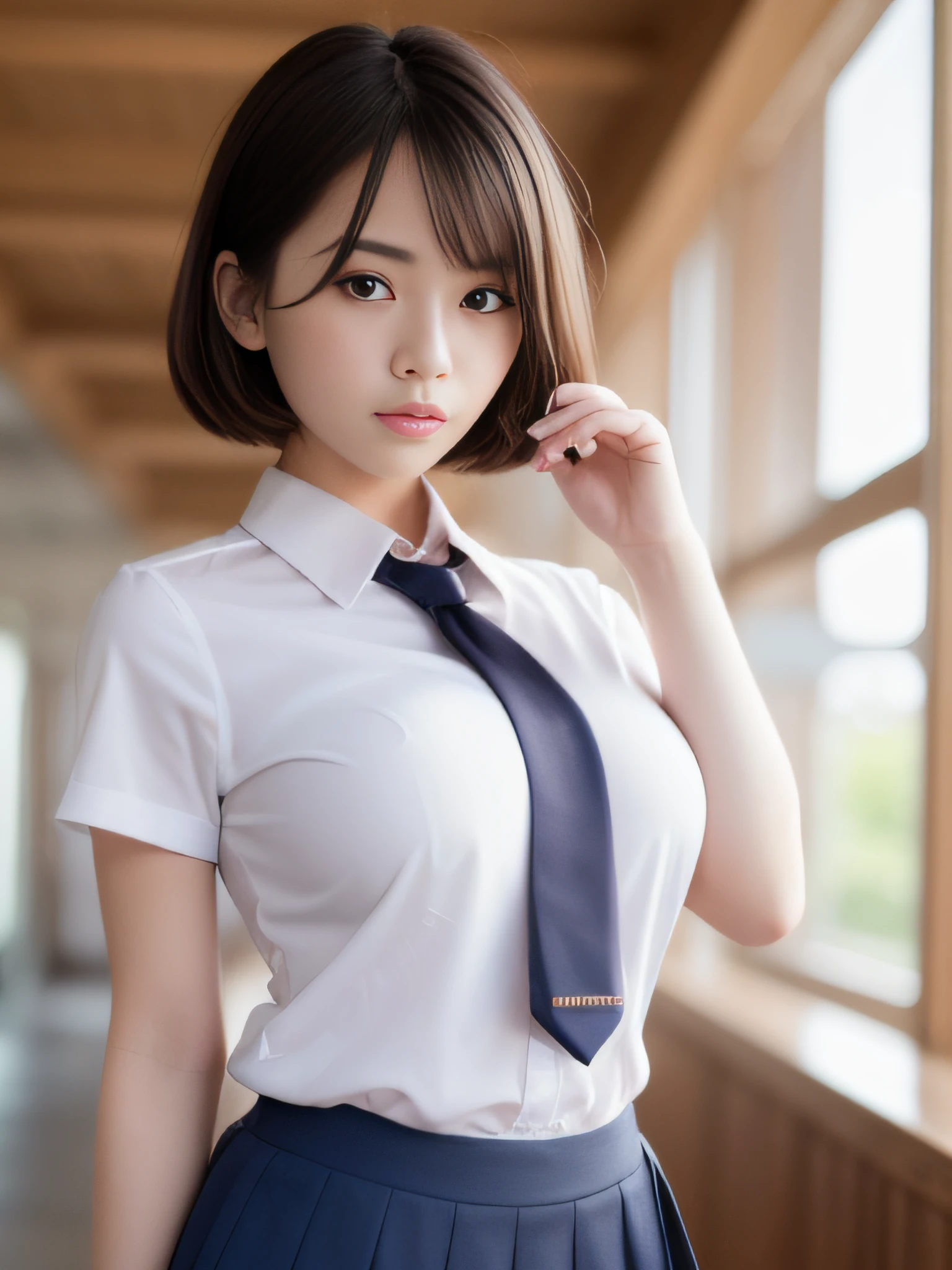 1 women、​Inviting gaze、Erotic、 Girls、colossal breasts、Big ass、red blush、shiny body、masterpiece、best quality、Hi-Res、ultra detailed、15 age face、baby fahort nese、(school uniform:1.4)、sensual pose、whole body、white shirt、necktie、blue skirt、white panties