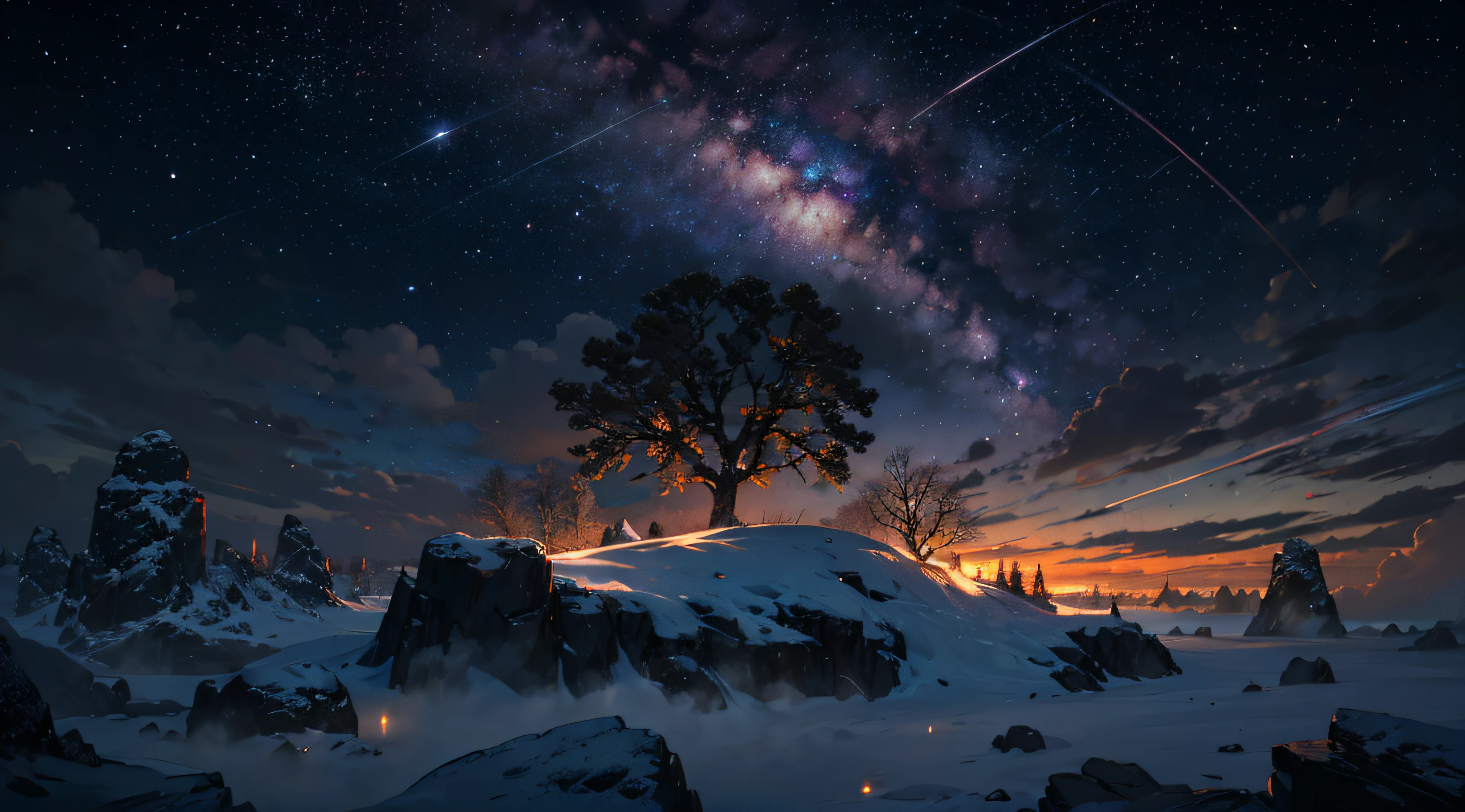 Expansive landscape photograph,(moon full:1.2),(meteors:0.9),(Starcloud:1.3),Far Mountain, Tree BREAK making art,(Warm light source:1.2),(glowworm:1.2),lamp lights,Lots of purple and orange,Complicated details,Volumetriclighting,Realism BREAK(tmasterpiece:1.2),(best qualtiy),8K,Ultra-detailed,(dynamic compositions:1.4),The is very detailed,Colorful details,(Irridescent color:1.2),(luminouslighting,Atmospheric lighting),dream magical,magical,(独奏:1.2),((best qualtiy)), ((tmasterpiece)), (the detail:1.4),depth of fields,maximum definition and sharpness,perfectly proportions,Fluttering clouds,Wallpapers