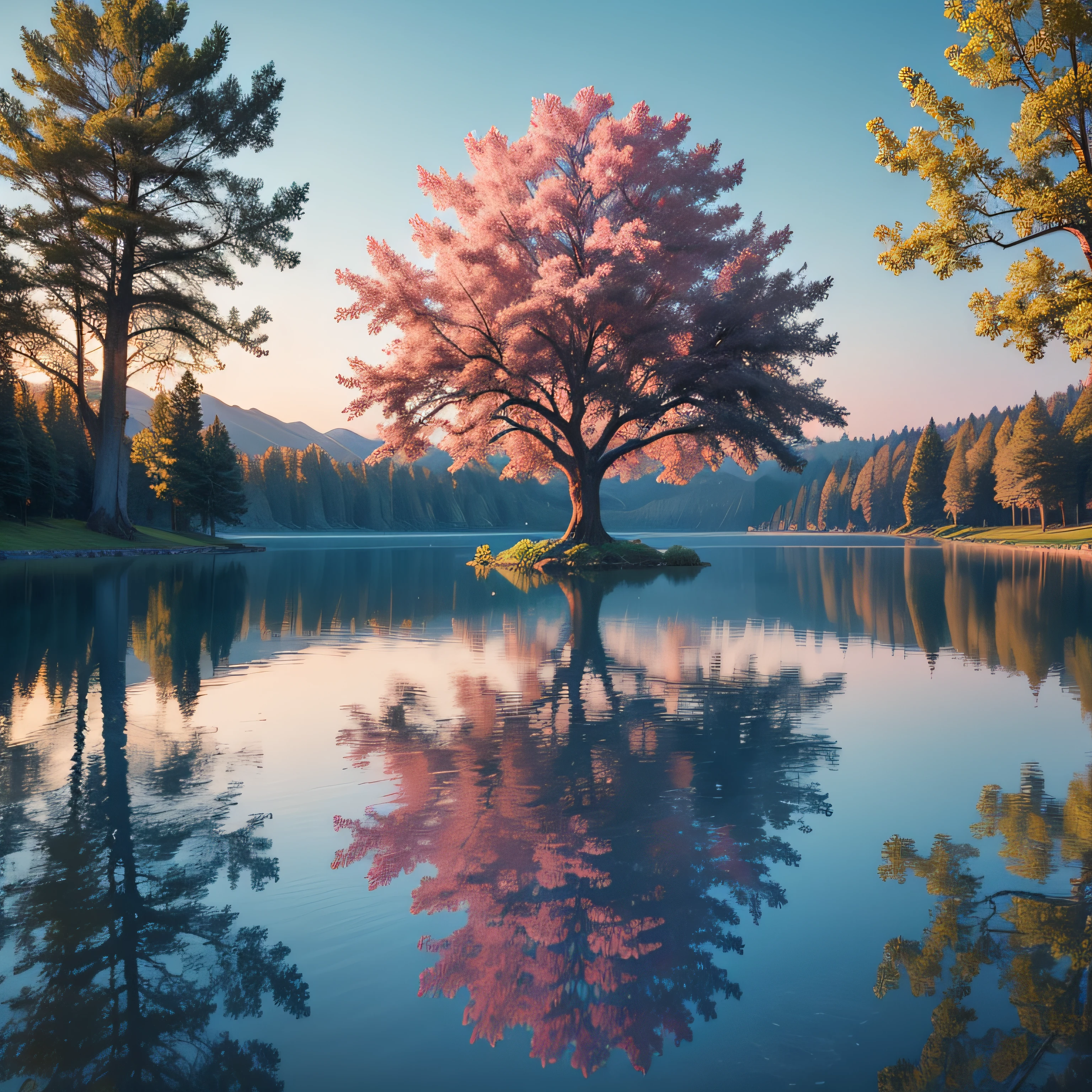 a tree in the middle of the lake, drawing, , colorful,  --ar 16:9 --auto