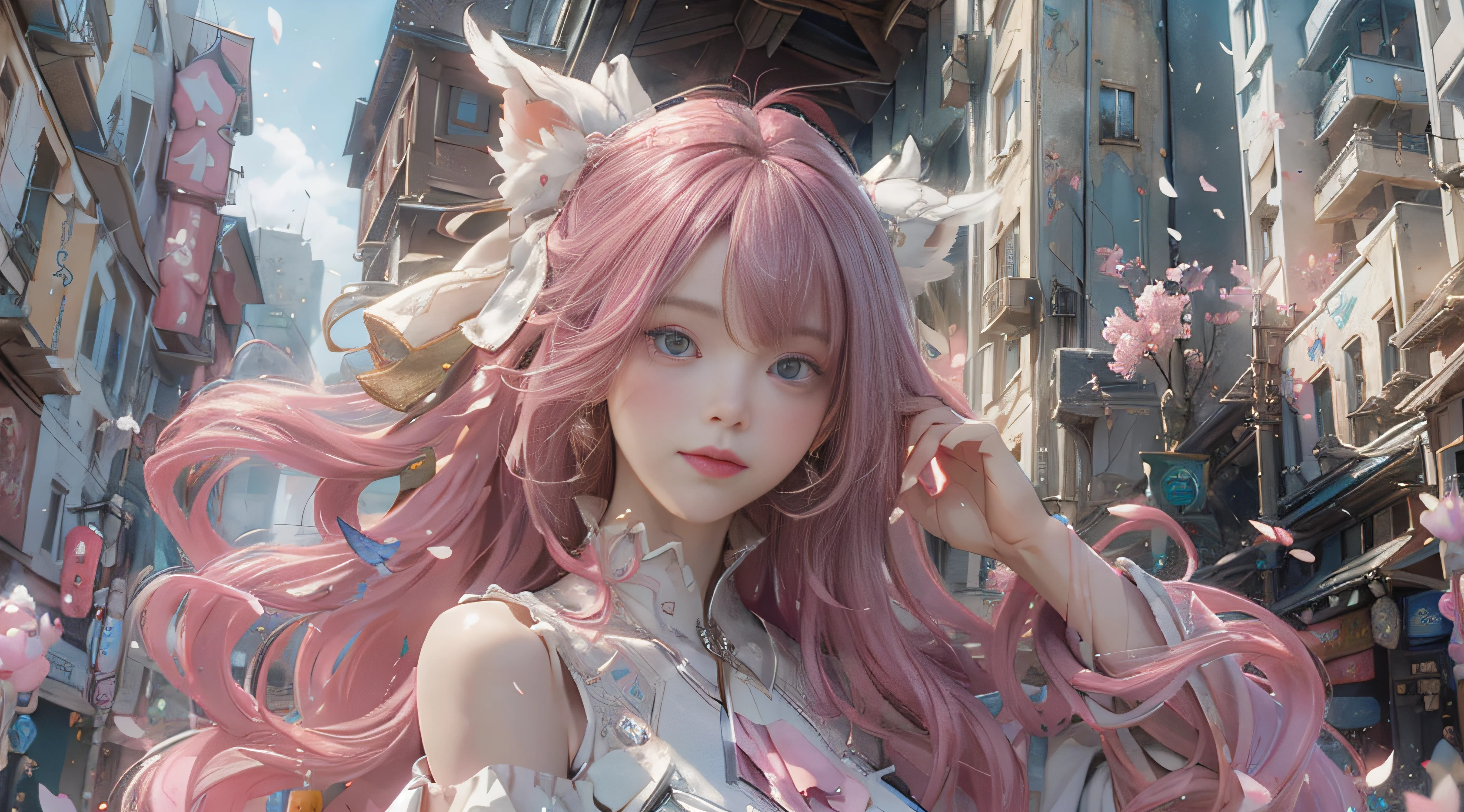 ((best qualtiy)), ((tmasterpiece)), (detail:1.4), Beautiful cyberpunk female images,hdr(HighDynamicRange),Ray traching,NVIDIA RTX,Hyper-Resolution,illusory 5,sub surface scattering,PBR textures,post-proces,Anisotropy Filtering,depth of fields,maximum definition and sharpness,Many-Layer Textures,Albedo e mapas Speculares,Surface coloring,Mitsu-Accurate simulation of material interactions,perfectly proportioned,rendering by octane,Two-colored light,largeaperture,Low ISO,White balance,Rule three points、8K raw data、Beautiful bright blue pupils,off-the-shoulder clothes,Fine pupils,Delicate face and eyes,long eyelasher,Blushlush,Delicate and fluffy hair,pink lip,Pure,Cute face,Sweet girl,Artistic sense,Casual wear,Advancedsense,butterflys,Cherry blossom petal,Beautiful hair accessories,Long hair and waist,Hair fluttering in the wind,Snow-white fox ears,curlies