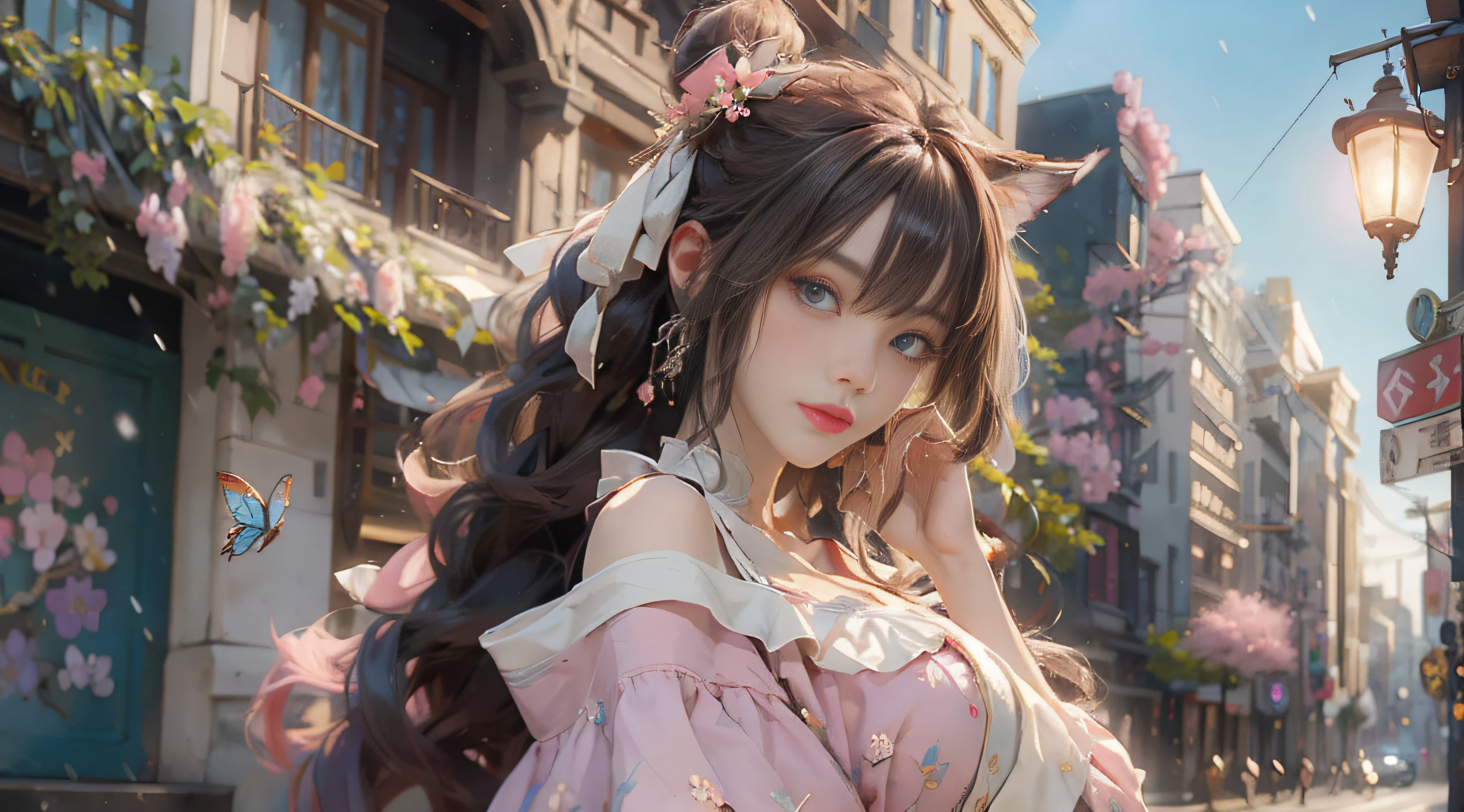 ((best qualtiy)), ((tmasterpiece)), (detail:1.4), Beautiful cyberpunk female images,hdr(HighDynamicRange),Ray traching,NVIDIA RTX,Hyper-Resolution,illusory 5,sub surface scattering,PBR textures,post-proces,Anisotropy Filtering,depth of fields,maximum definition and sharpness,Many-Layer Textures,Albedo e mapas Speculares,Surface coloring,Mitsu-Accurate simulation of material interactions,perfectly proportioned,rendering by octane,Two-colored light,largeaperture,Low ISO,White balance,Rule three points、8K raw data、Beautiful bright blue pupils,off-the-shoulder clothes,Fine pupils,Delicate face and eyes,long eyelasher,Blushlush,Delicate and fluffy hair,pink lip,Pure,Cute face,Sweet girl,Artistic sense,Casual wear,Advancedsense,butterflys,Cherry blossom petal,Beautiful hair accessories,Long hair and waist,Hair fluttering in the wind,Snow-white fox ears,curlies