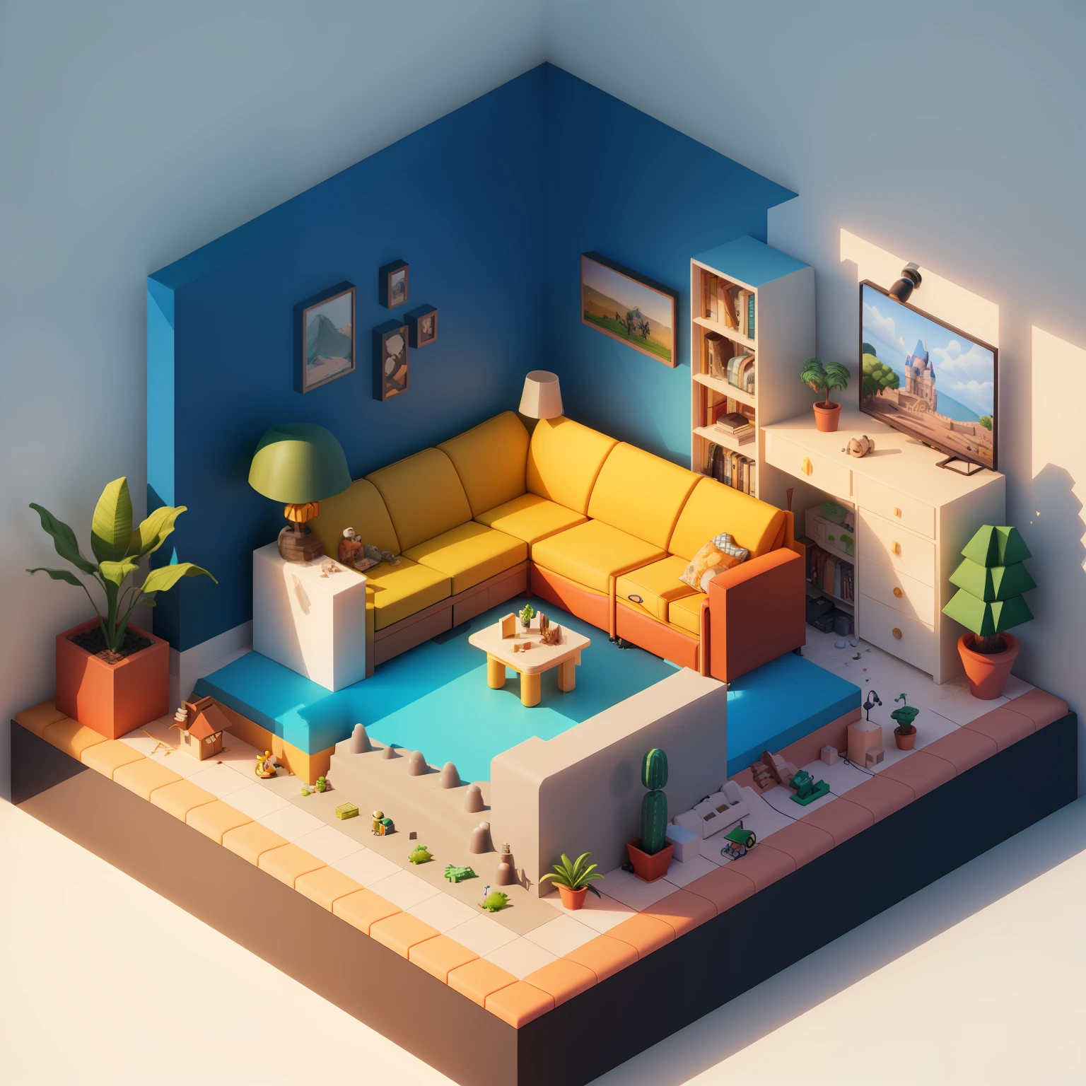 (Isometric perspective:1.5),(Pixar style:1.2), Room, bed, sofa,(small bonsai:0.8),desk lamp, TV, mural, 3D,Disney,Panoramic photo,White background, solid background,Global illumination, raytracing, modeling,HDR,octane render,unreal render,behance,dribbble,artstation,best quality, 8k,