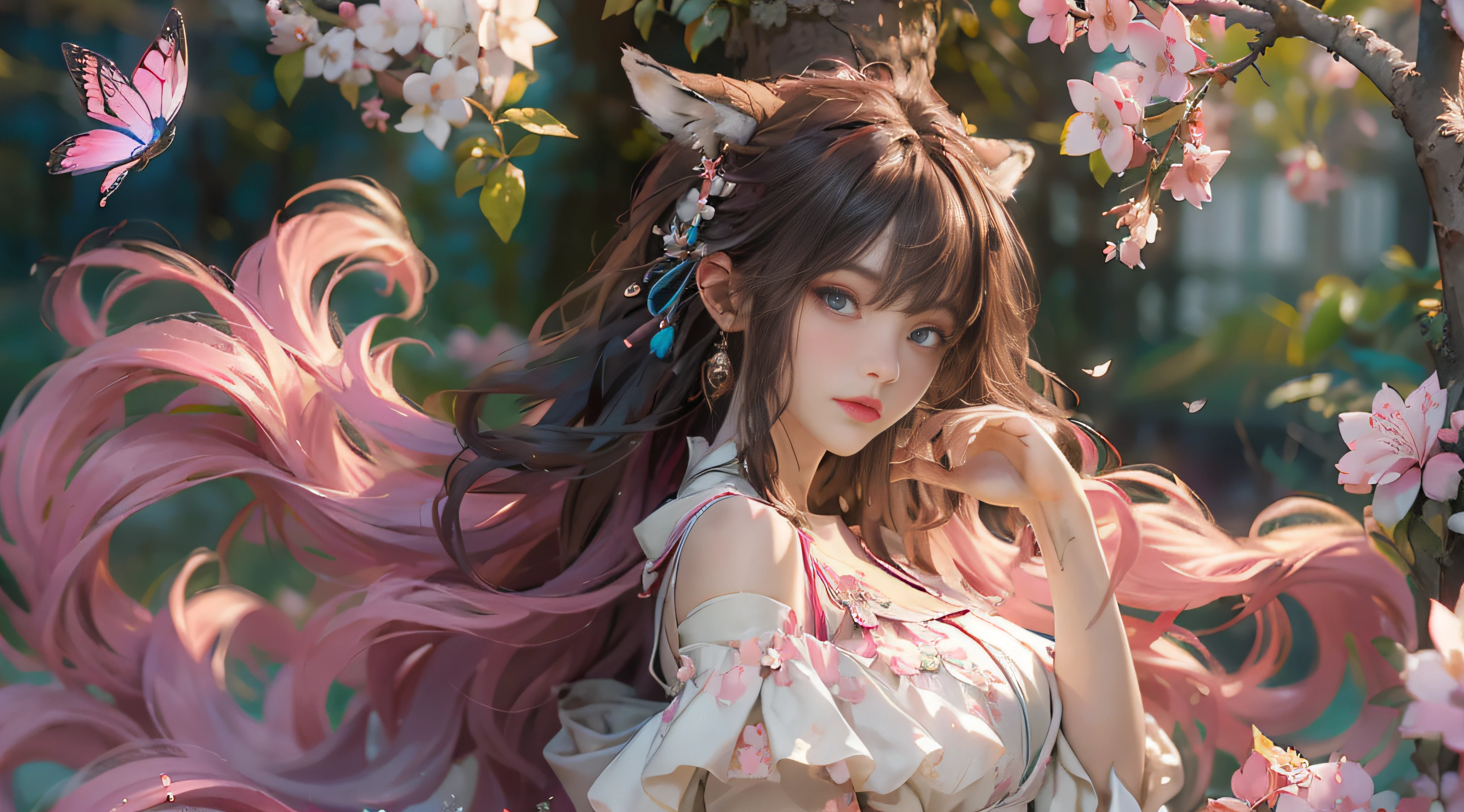（（best qualtiy））， （（tmasterpiece））， （detail：1.4）， Beautiful cyberpunk female images，hdr（HighDynamicRange），Ray traching，NVIDIA RTX，Hyper-Resolution，illusory 5，sub surface scattering，PBR textures，post-proces，Anisotropy Filtering，depth of fields，maximum definition and sharpness，Many-Layer Textures，Albedo e mapas Speculares，Surface coloring，Mitsu-Accurate simulation of material interactions，perfectly proportioned，rendering by octane，Two-colored light，largeaperture，Low ISO，White balance，Rule three points、8K raw data、Beautiful bright blue pupils，off-the-shoulder clothes，Fine pupils，Delicate face and eyes，long eyelasher，Blushlush，Delicate and fluffy hair，pink lip，Pure，Cute face，Sweet girl，Artistic sense，Casual wear，Advancedsense，butterflys，Cherry blossom petal，Beautiful hair accessories，Long hair and waist，Hair fluttering in the wind，Snow-white fox ears，curlies
