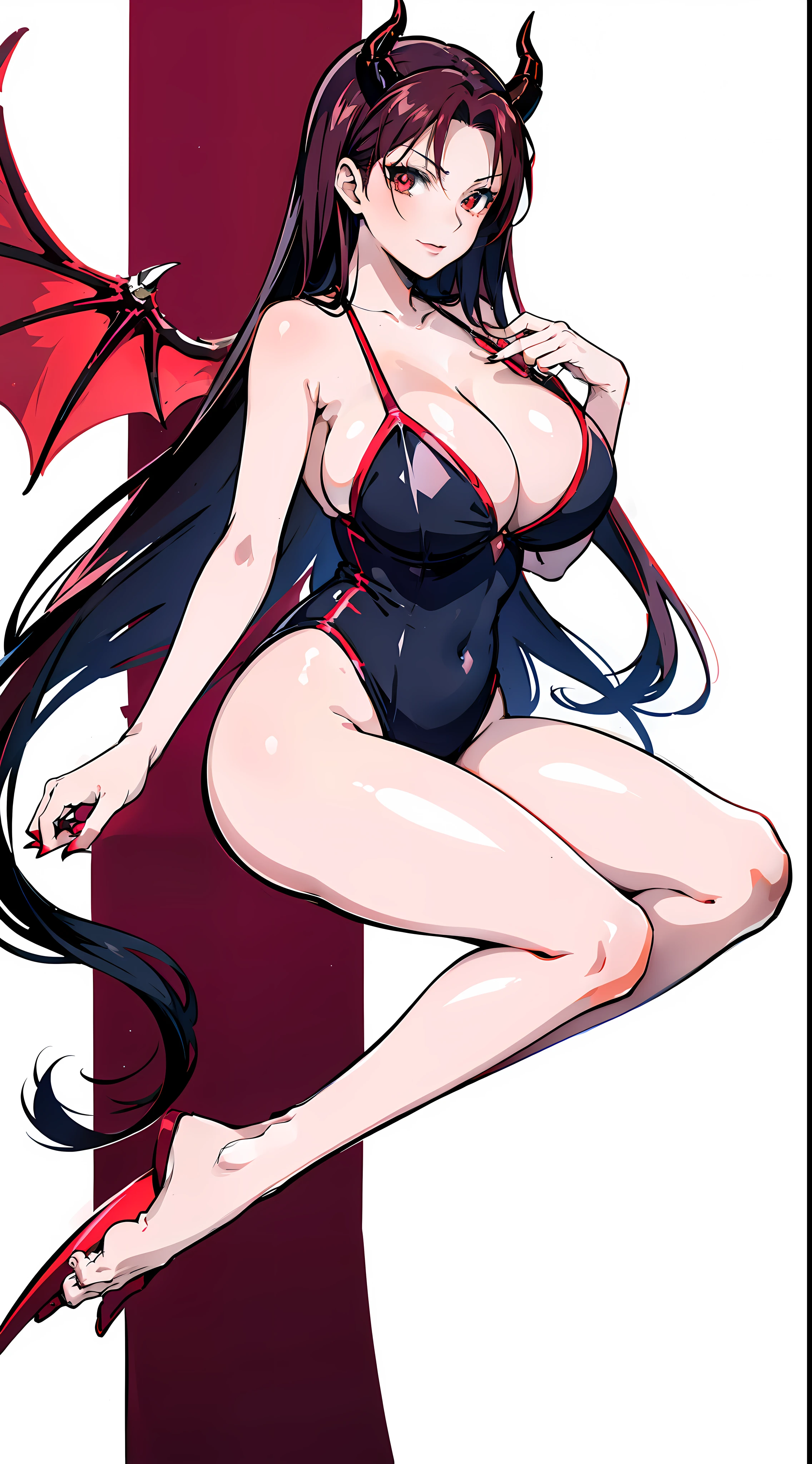 anime girl with horns and red glowing eyes, seductive anime girl, oppai, anime girl wearing a swimsuit, rin tohsaka, with a large breasts, succubus, anime moe artstyle, with large breasts, white background, only character, full appearance from head to toes, woman, EdobSuccubus, EdobSuccubusRed