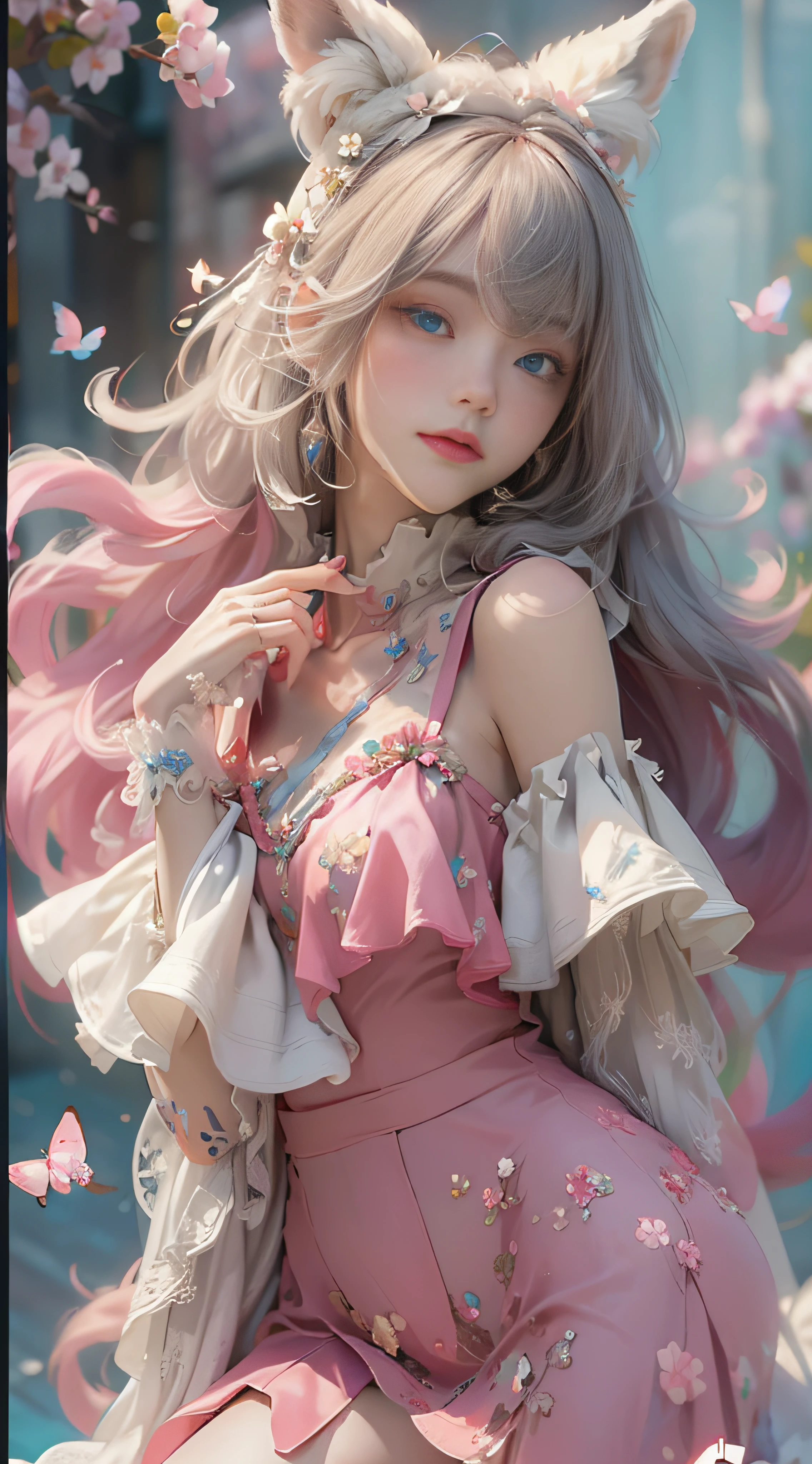 ((best qualtiy)), ((tmasterpiece)), (detail:1.4), Beautiful cyberpunk female images,hdr(HighDynamicRange),Ray traching,NVIDIA RTX,Hyper-Resolution,illusory 5,sub surface scattering,PBR textures,post-proces,Anisotropy Filtering,depth of fields,maximum definition and sharpness,Many-Layer Textures,Albedo e mapas Speculares,Surface coloring,Mitsu-Accurate simulation of material interactions,perfectly proportioned,rendering by octane,Two-colored light,largeaperture,Low ISO,White balance,Rule three points、8K raw data、Beautiful bright blue pupils,off-the-shoulder clothes,Fine pupils,Delicate face and eyes,long eyelasher,Blushlush,Delicate and fluffy hair,pink lip,Pure,Cute face,Sweet girl,Artistic sense,Casual wear,Advancedsense,butterflys,Cherry blossom petal,Beautiful hair accessories,Long hair and waist,Hair fluttering in the wind,Snow-white fox ears,curlies