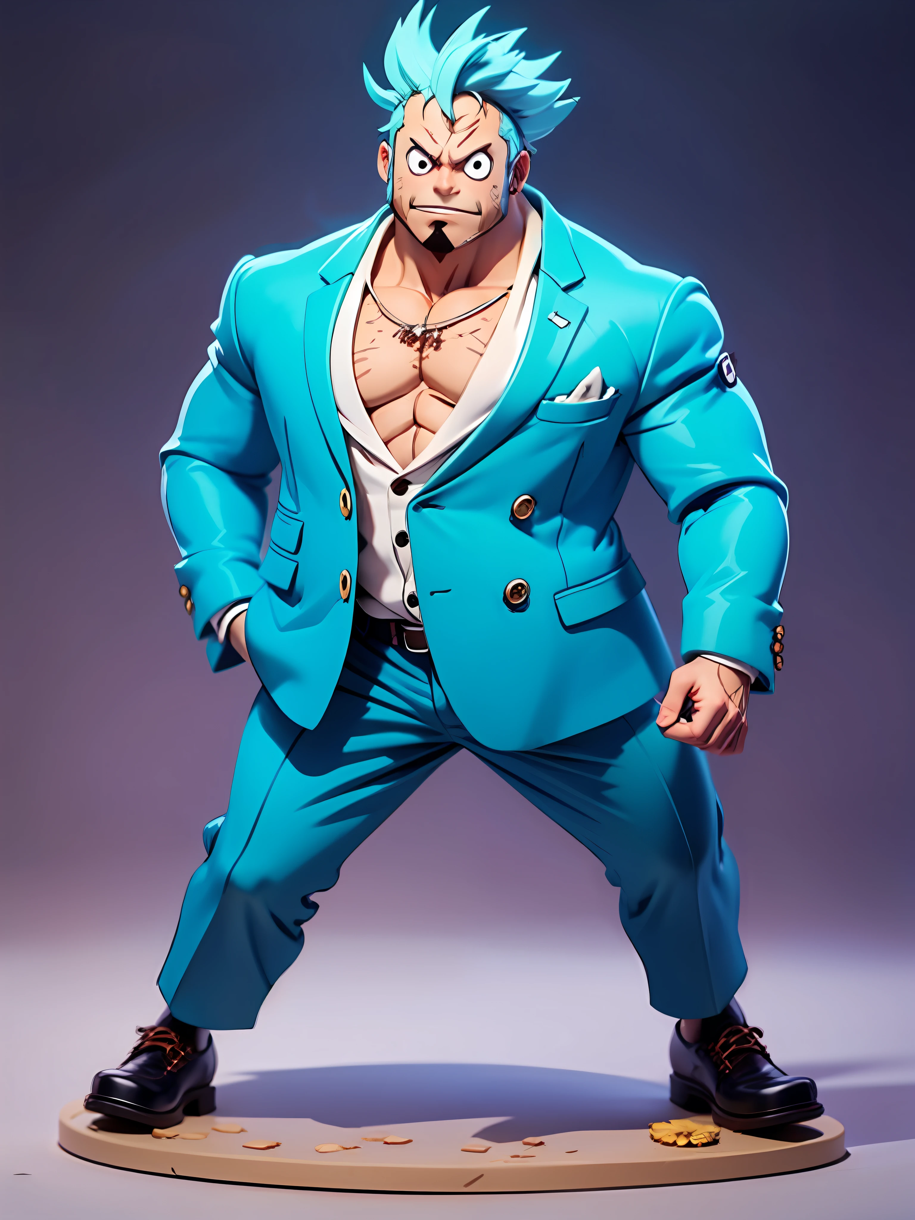 masterpiece, best quality, ultra-detailed, Frankie one piece, muscular man, punk hair, blue hair, 1boy, solo, Full body, wearing suits, detailed face, day, full body, male focus, perfect hands, chibi style, figure, action figure